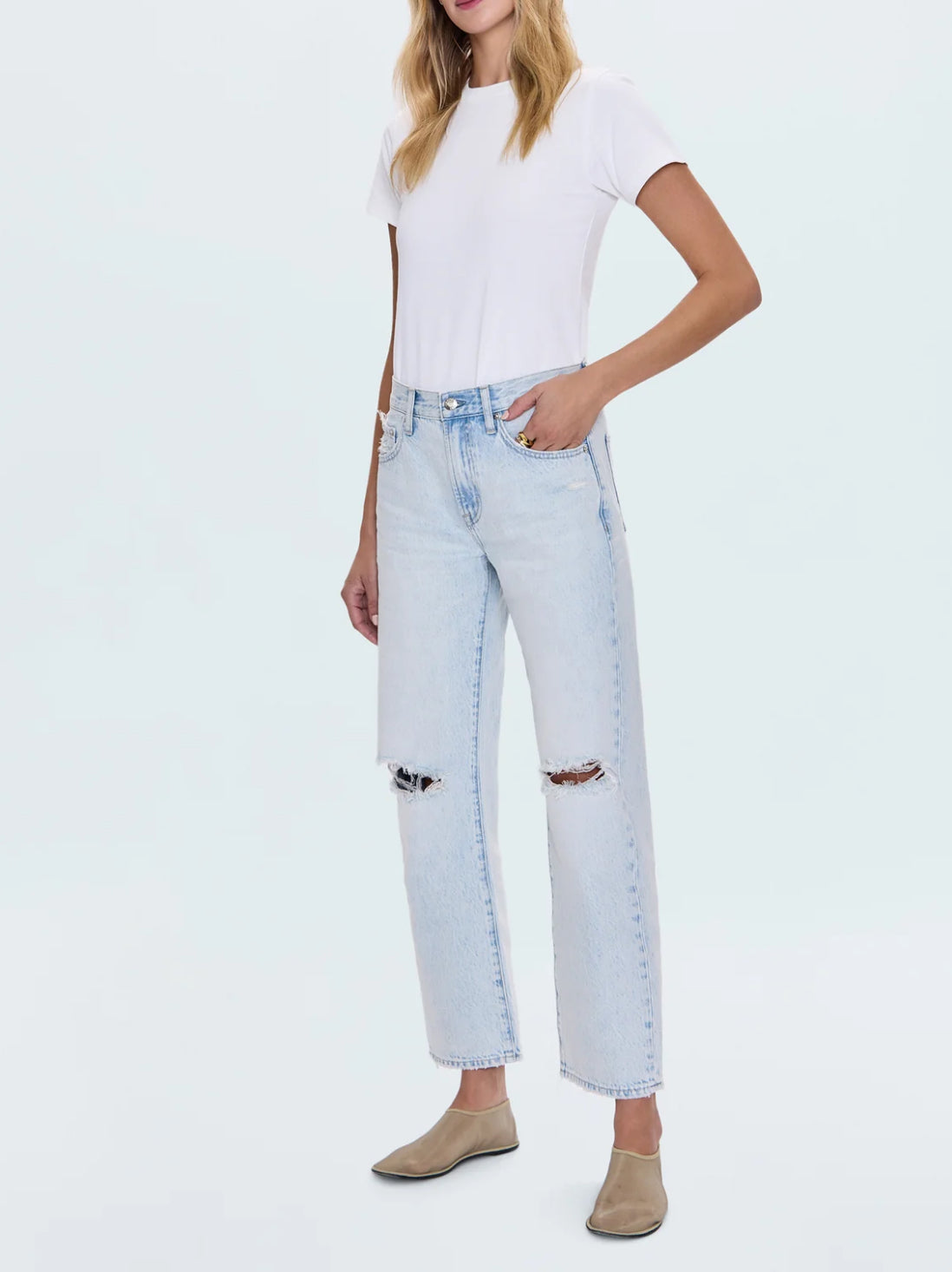 Pistola Lexi Mid Rise Bowed Straight Jean - Solstice Distressed