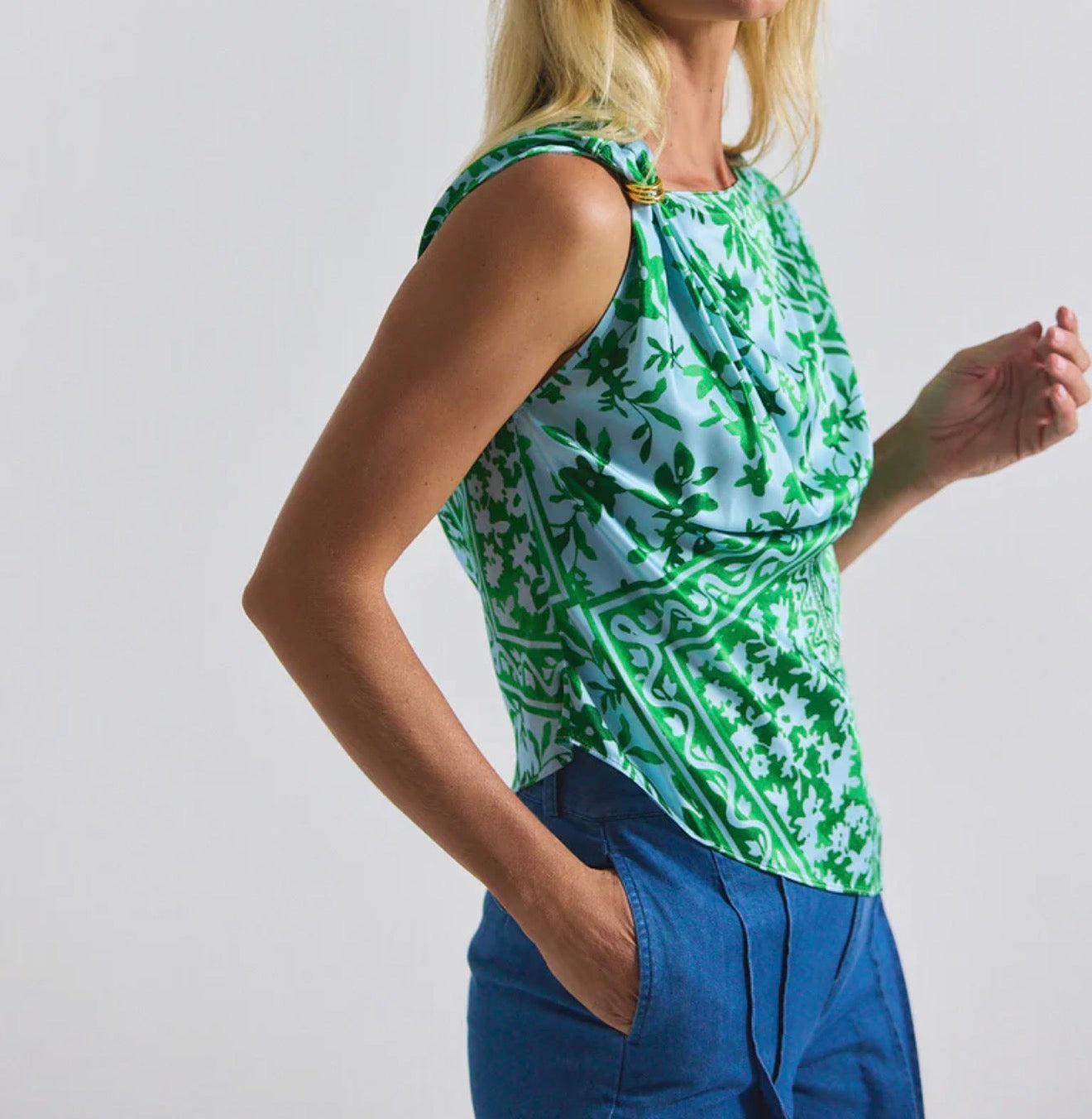 Derek Lam 10 Crosby Ariel Tile Print Asymmetric Top - Kelly Green Multi