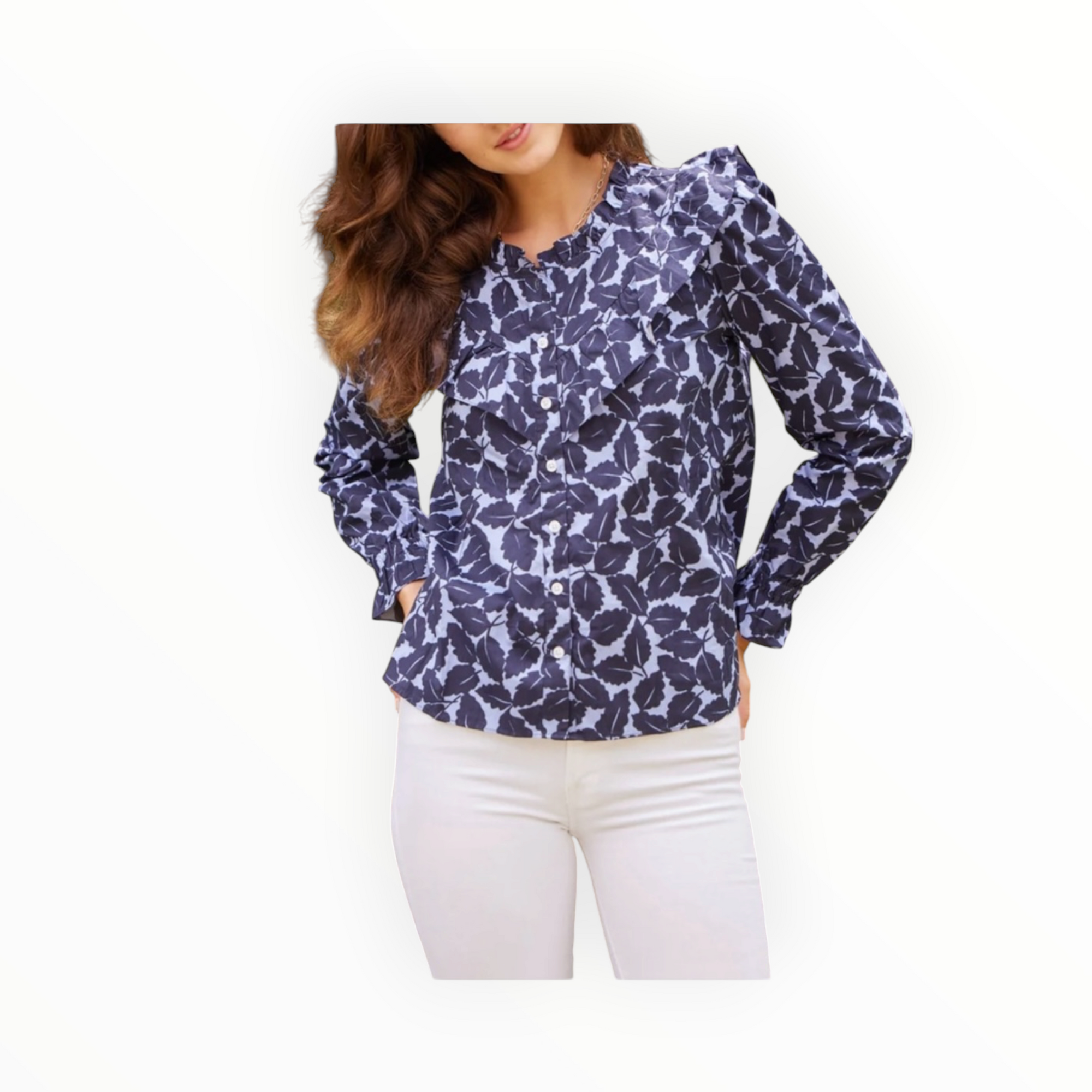 Sail To Sable Autumn Leaf Print Long Sleeve Ruffle Bib Blouse - Hydrangea/Navy