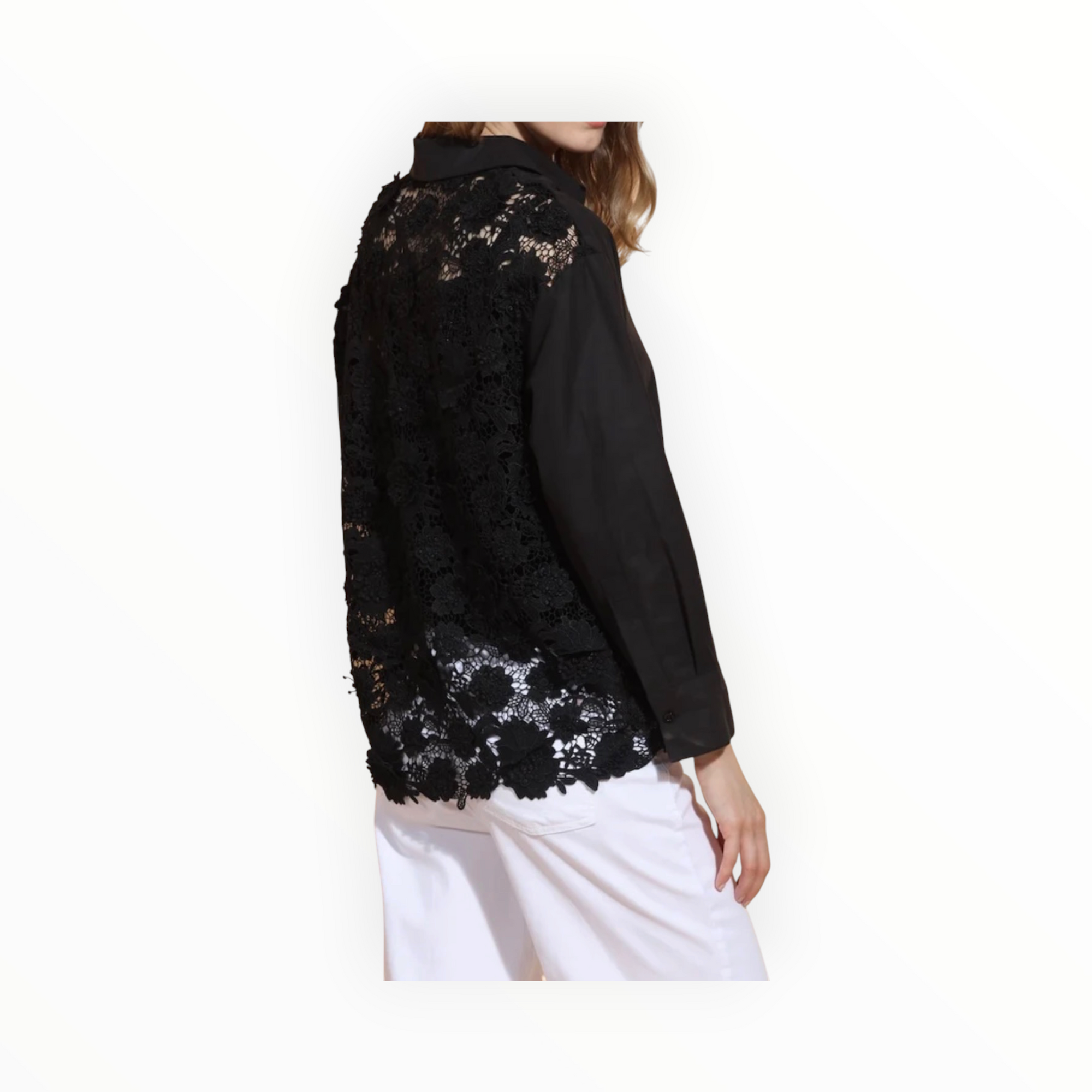 Jessie Liu Cotton Shirt with 3-D Applique Lace Back - Black