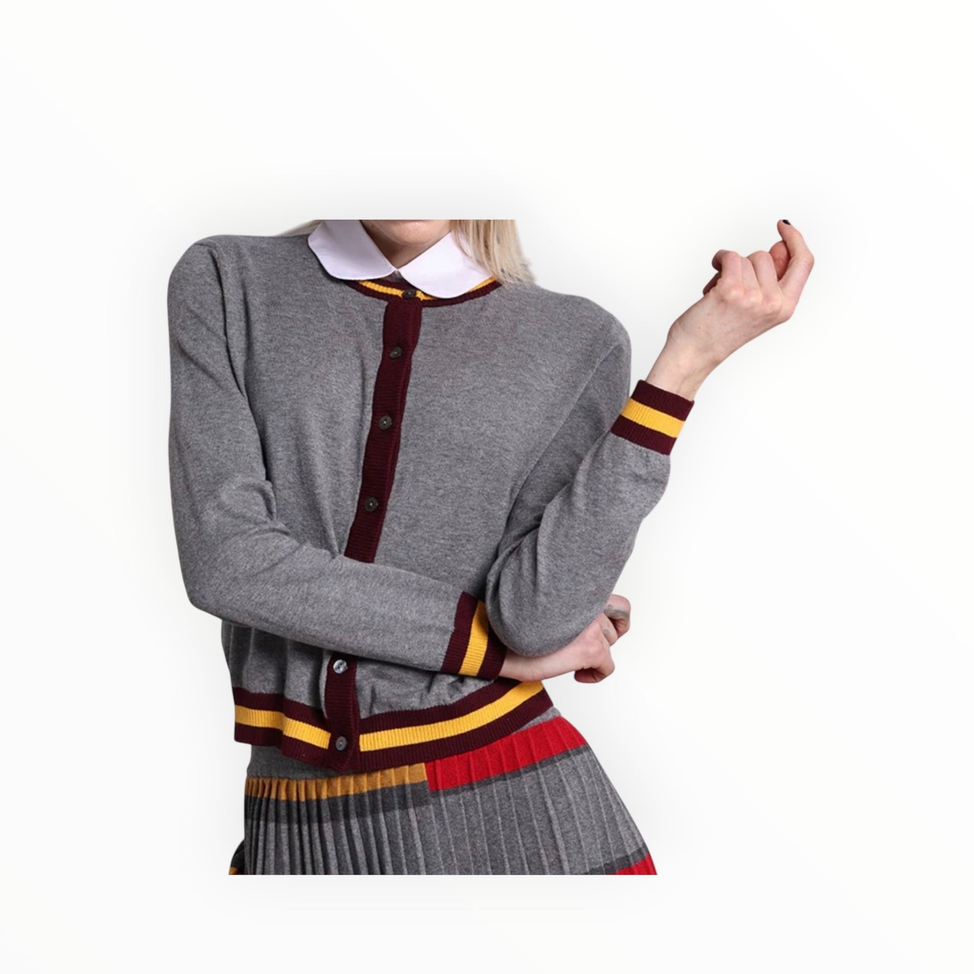 Minnie Rose Cotton Cashmere Cardigan With Stripe Detail - Grey Shadow