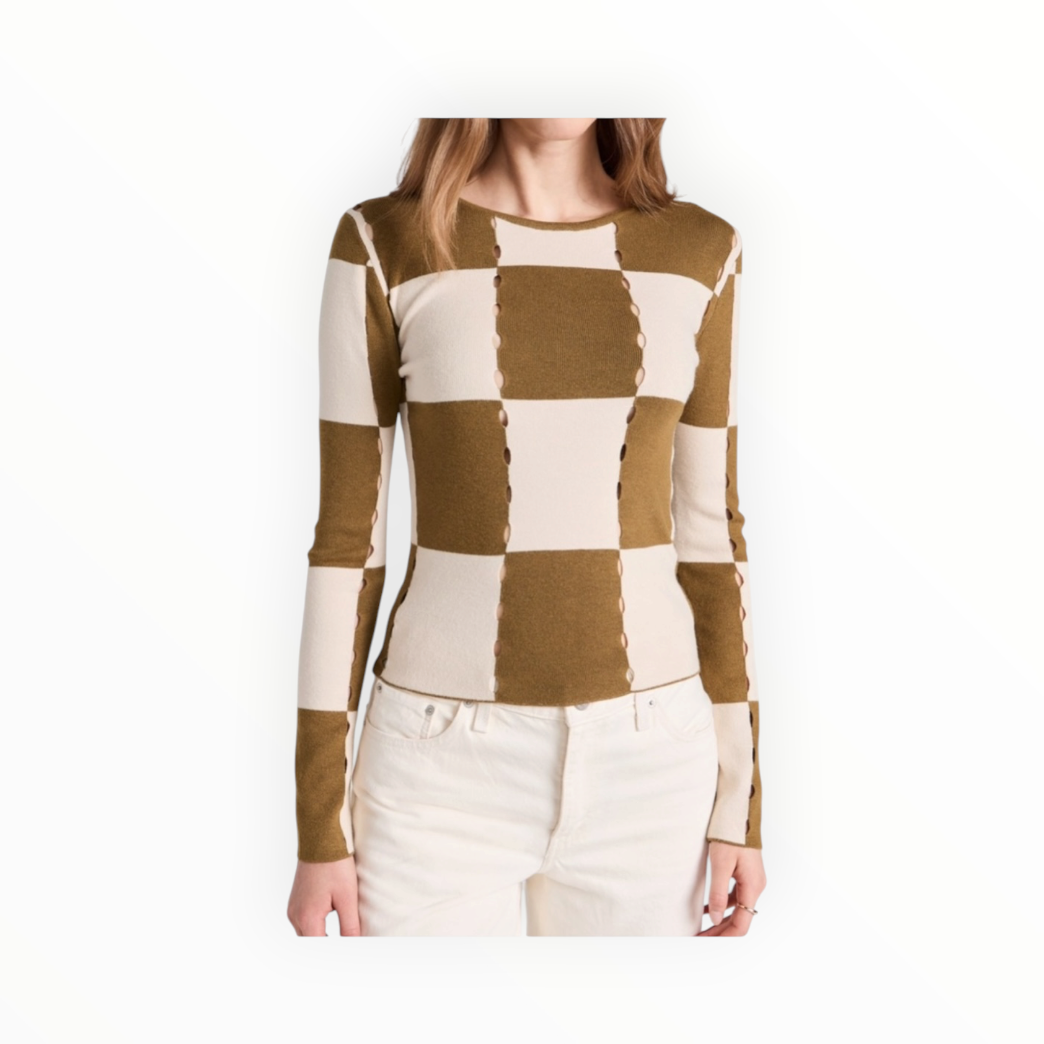 Moon River Checkerboard Sweater Top - Olive