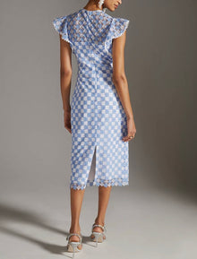 Shoshanna Rachel Embroidered Ruffle Dress - Sky Blue/Optic White