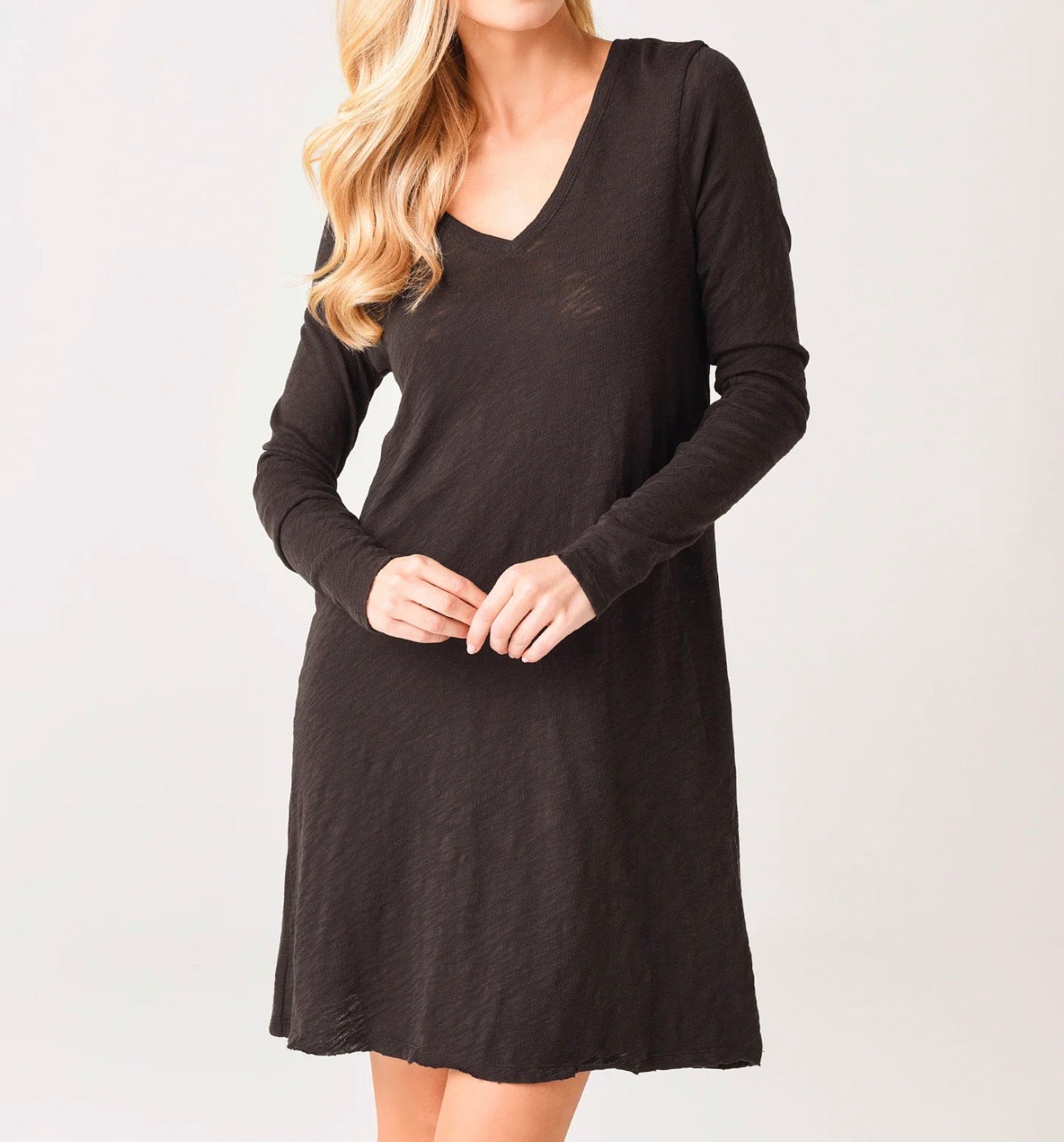 ATM Slub Jersey Long Sleeve V-Neck Dress - Black