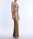 BCBGMAXAZRIA Sequin Cutout Halter Gown - Almond