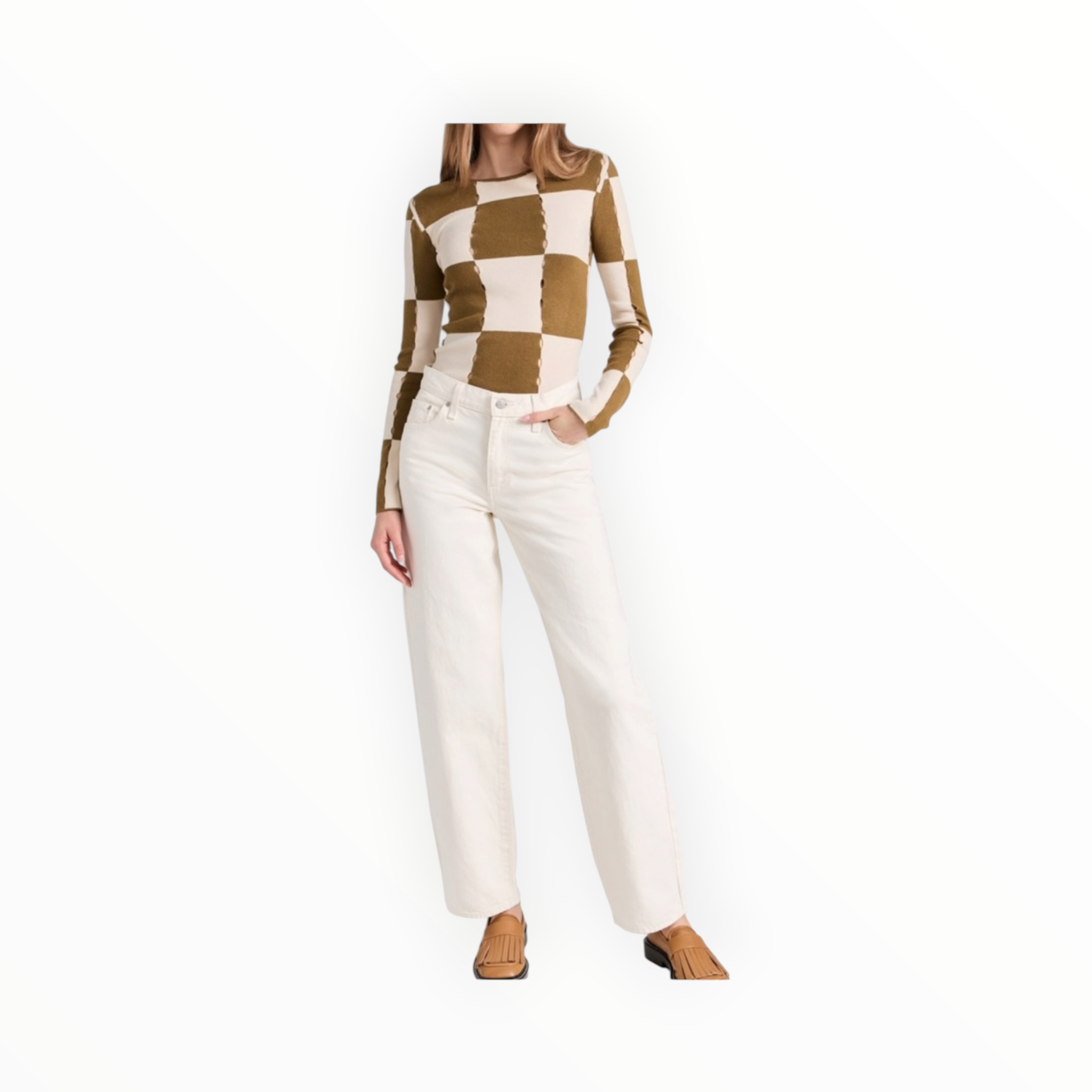 Moon River Checkerboard Sweater Top - Olive