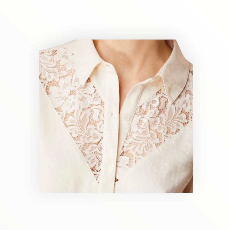 J Brand Lula Button-Front Long Sleeve Lace Inset Shirt - Moonbeam