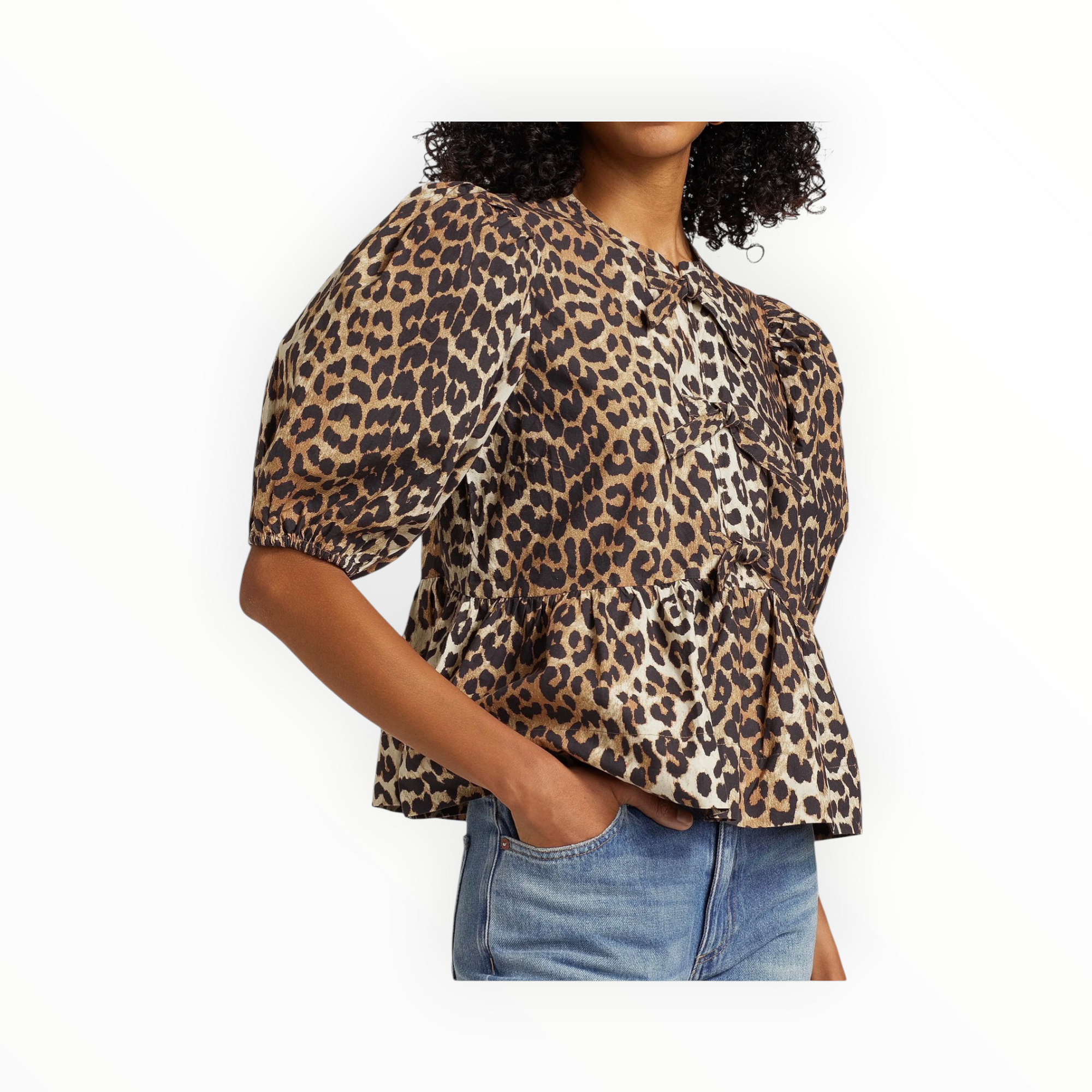 GANNI Cotton Poplin Peplum Tie Blouse - Leopard