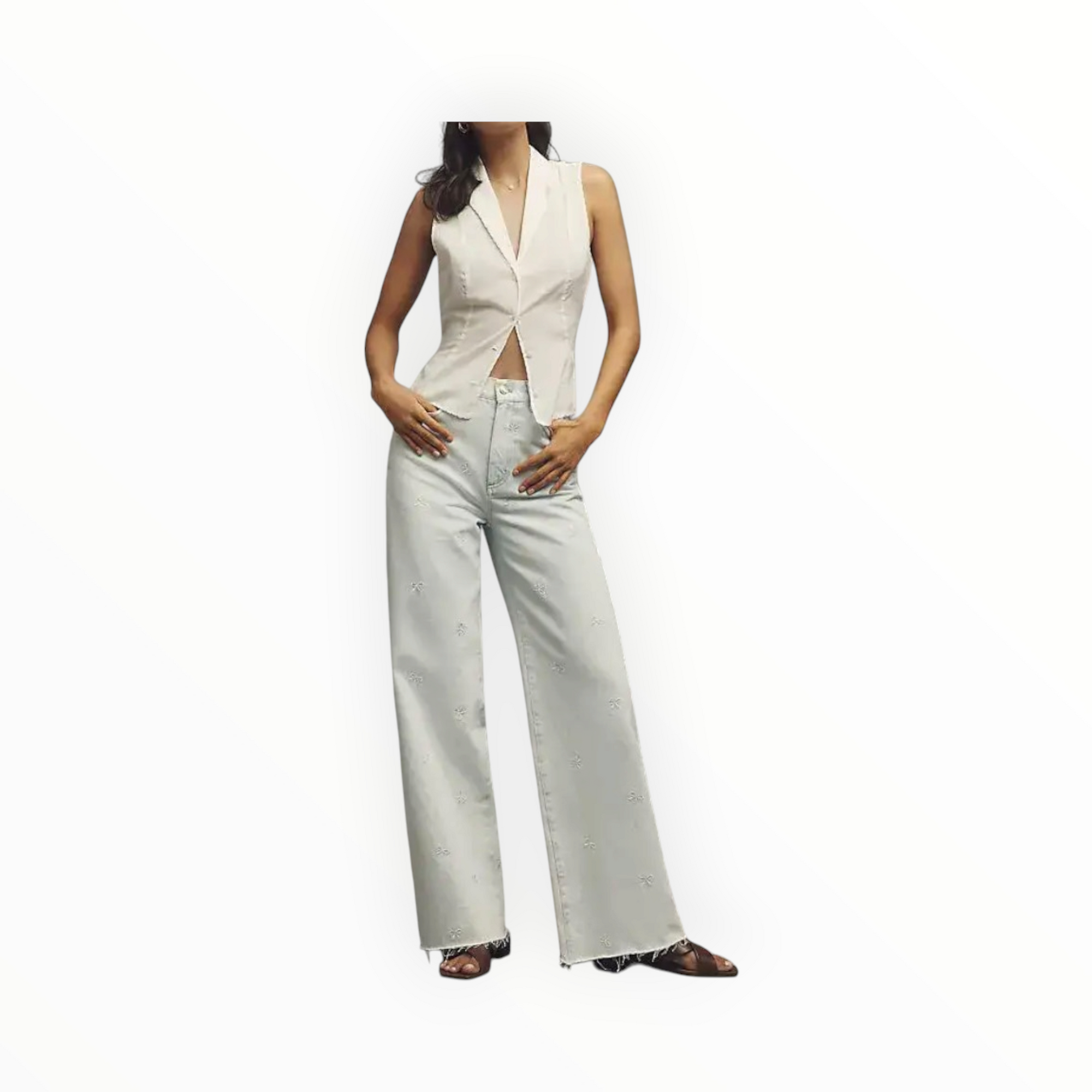 LE JEAN High Rise Wide Leg Jeans W/Bow Embroidery - Arctic Blue