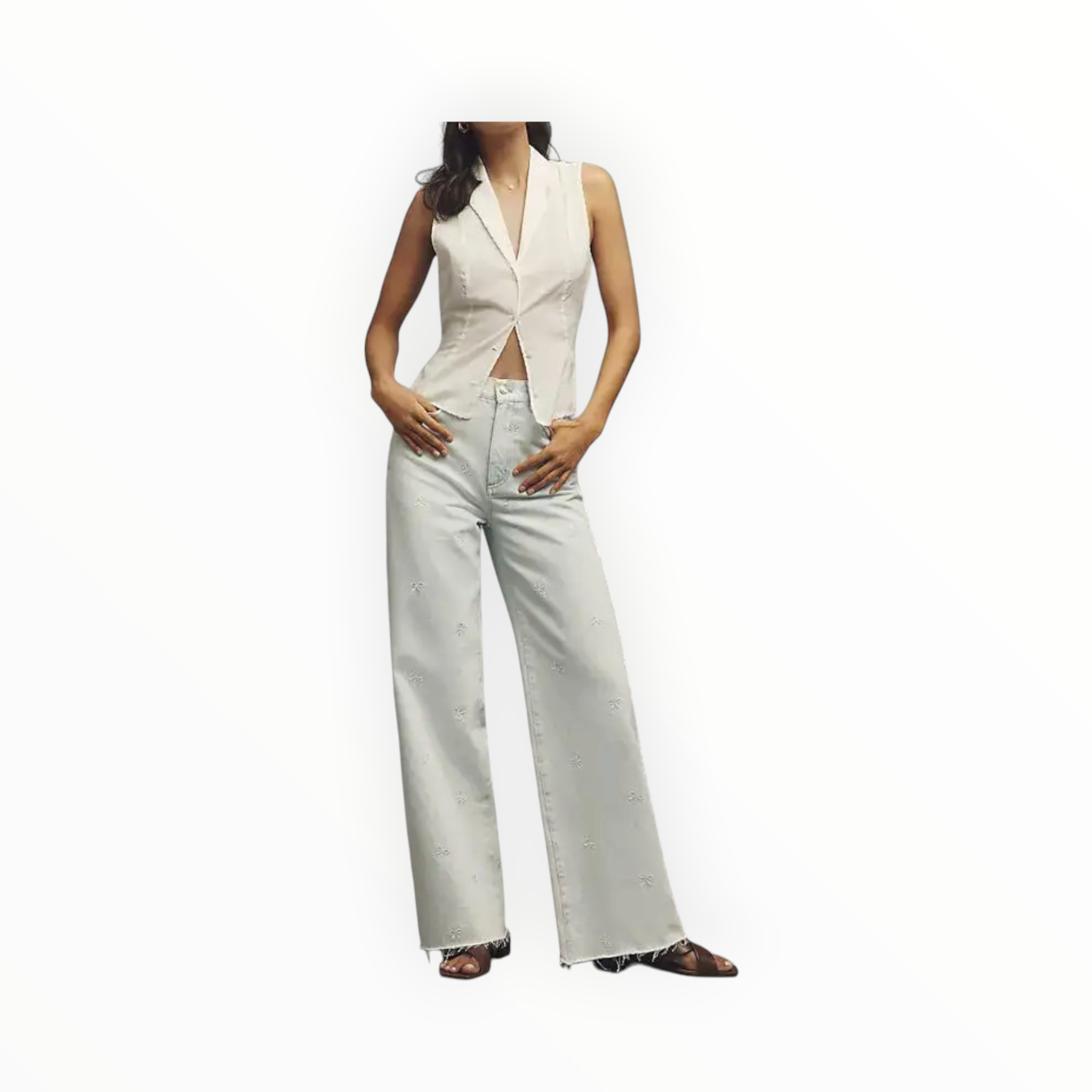 LE JEAN High Rise Wide Leg Jeans W/Bow Embroidery - Arctic Blue