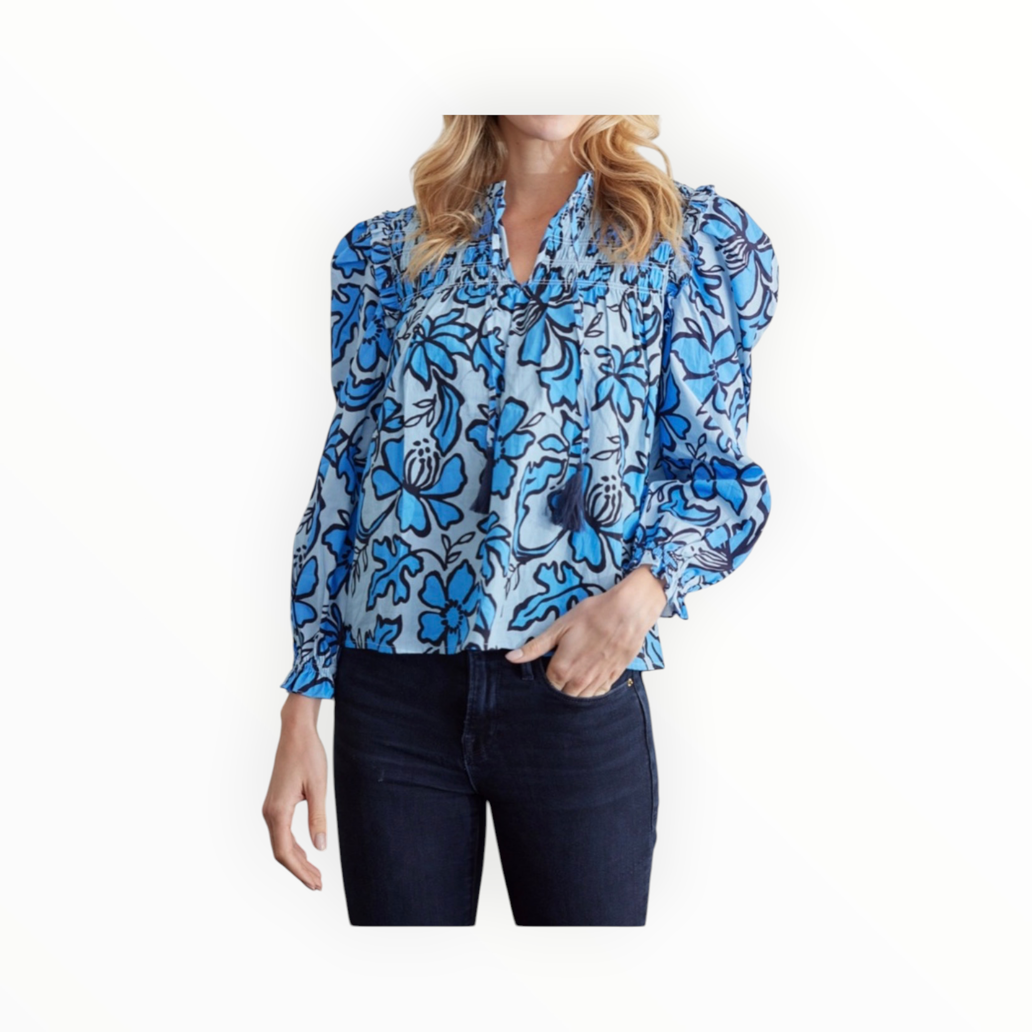 Sail to Sable Fall Floral Long Sleeve Tassel Front Top - Omphalodes/Blue