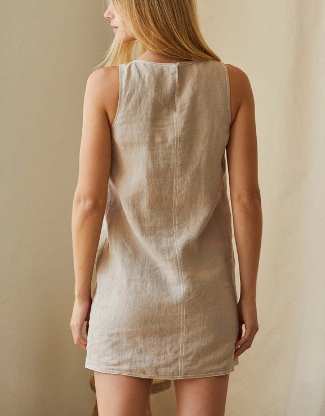 CRESCENT Danna Contrast Embroidery Shift Dress - Oatmeal/White