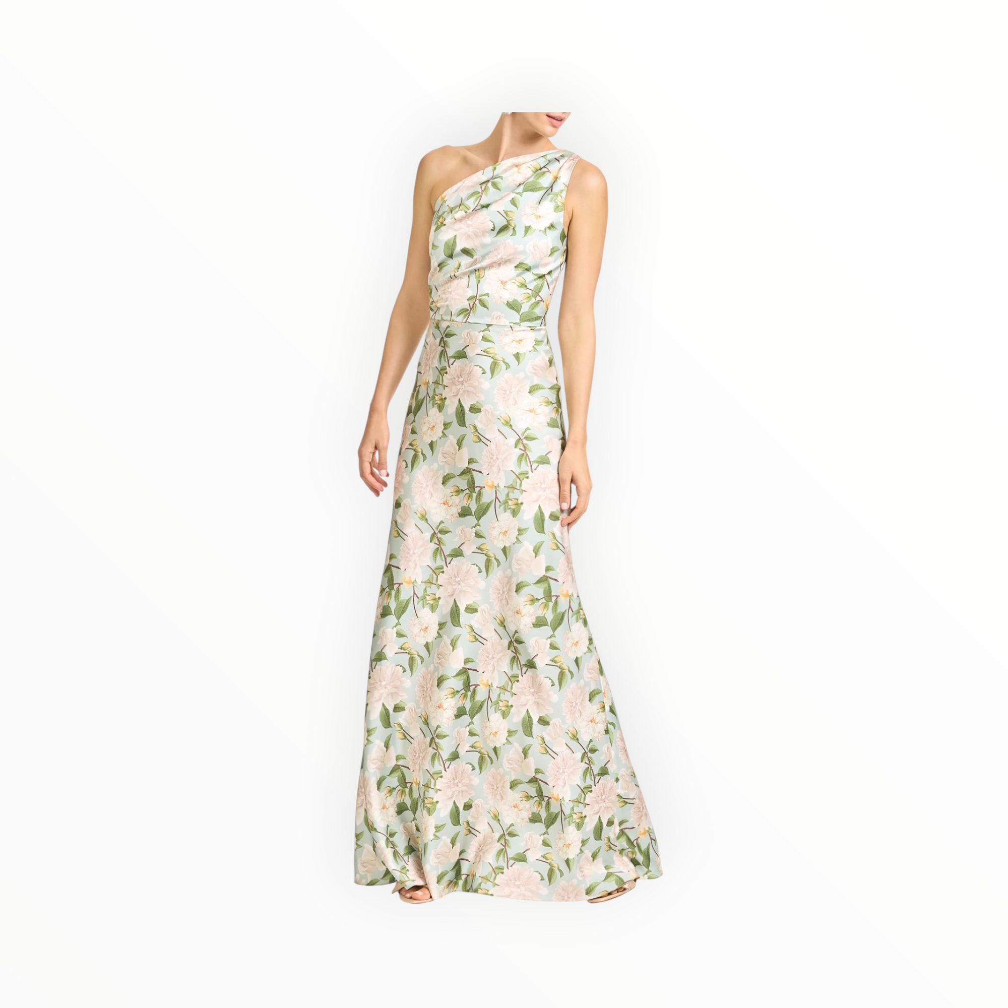 Sachin & Babi Delphine Mint Green Floral One Shoulder A-Line Gown - Celadon Sweetbriar