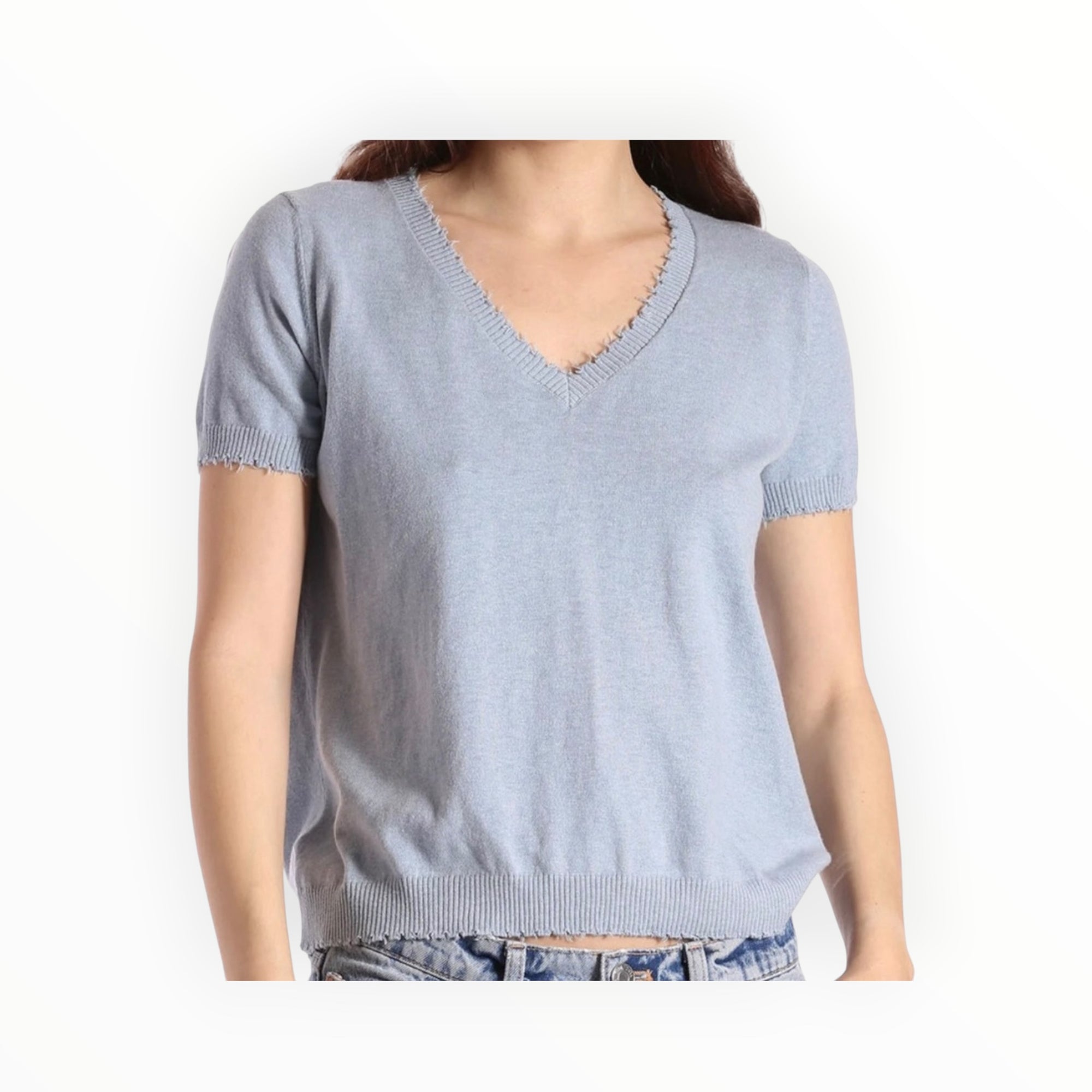 Minnie Rose Cotton Cashmere Frayed V-Neck Tee - Seashore