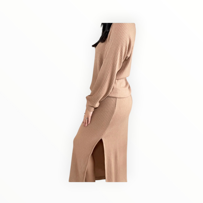Stateside Rachel Chunky Rib Side Slit Skirt - Toffee