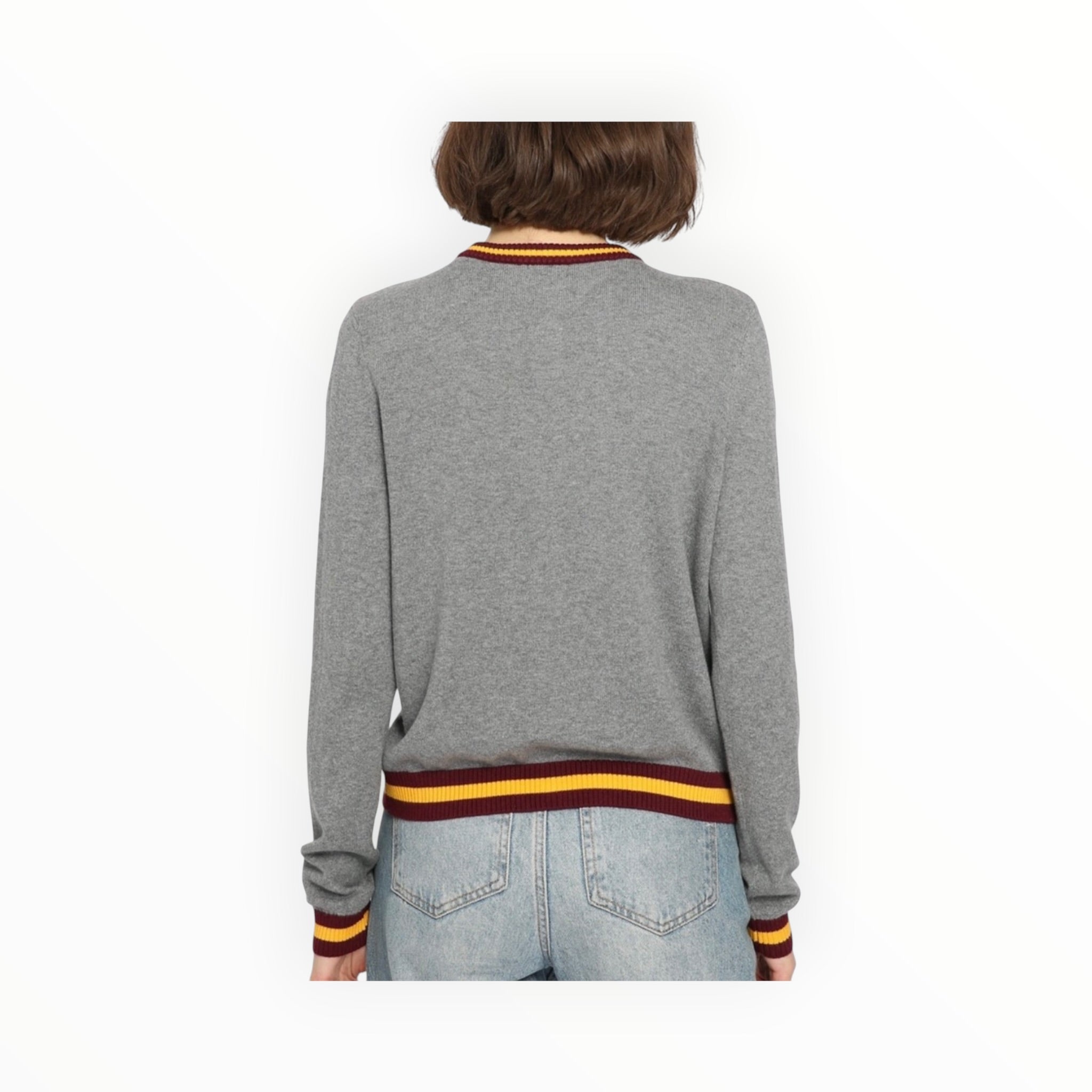 Minnie Rose Cotton Cashmere Cardigan With Stripe Detail - Grey Shadow