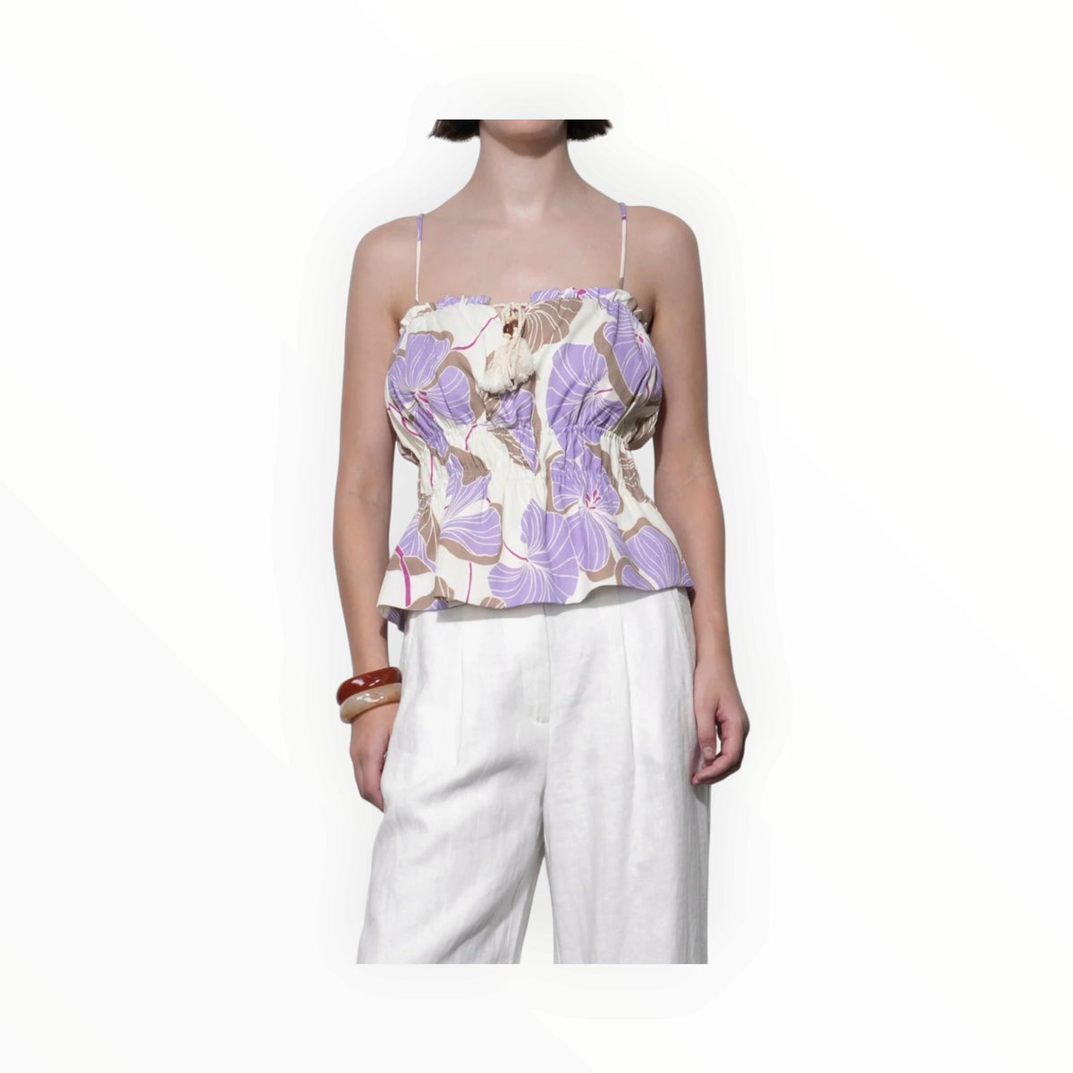 Greylin Iris Tie Front Elastic Waist Tank - Cream/Lilac