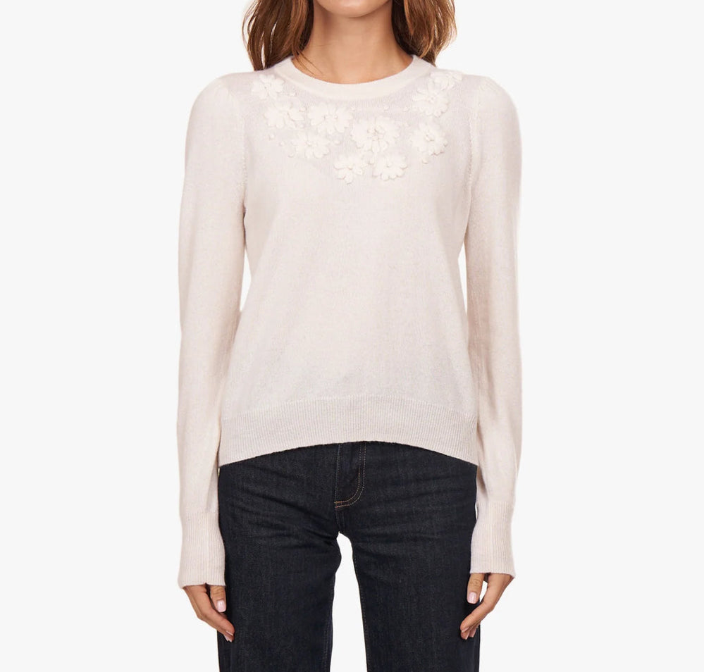 Autumn Cashmere Puff Sleeve Crew w/ Floral Hand Embroidery - Chalk