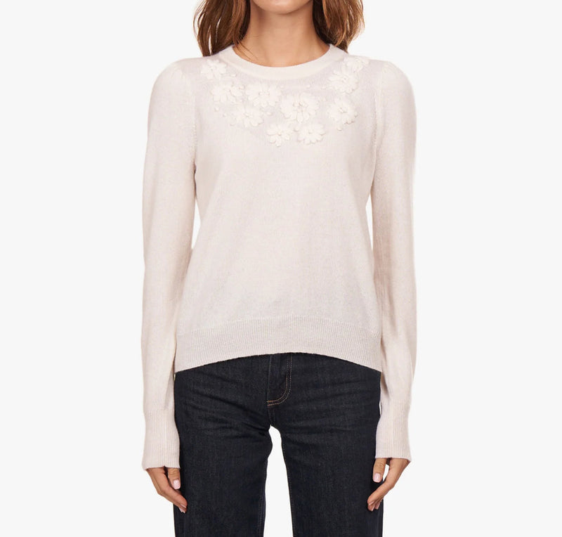 Autumn Cashmere Puff Sleeve Crew w/ Floral Hand Embroidery - Chalk