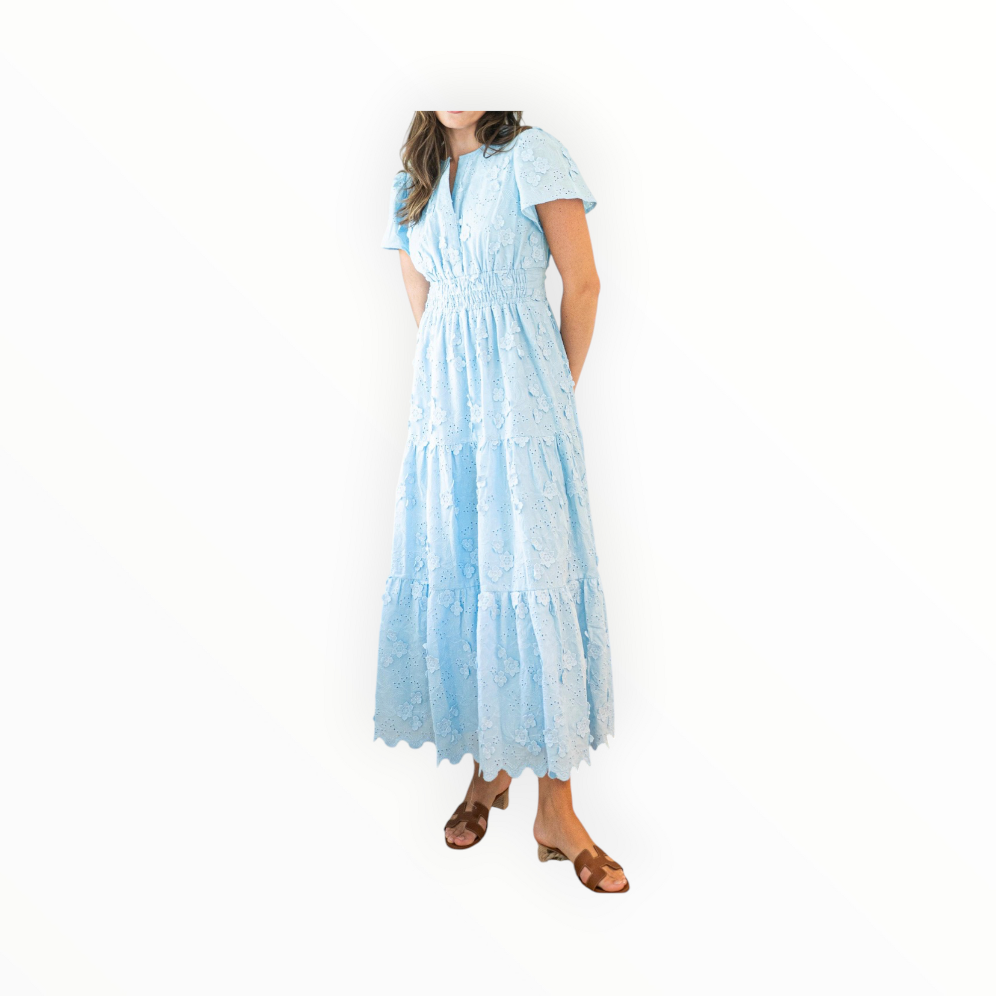 Sail To Sable Sky Eyelet Cinched Waist Midi Dress