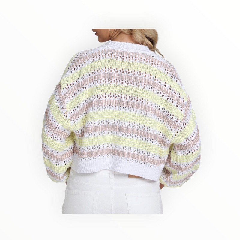 525 America Zoe Cotton Open Stitch Cardigan- Bleach White Multi