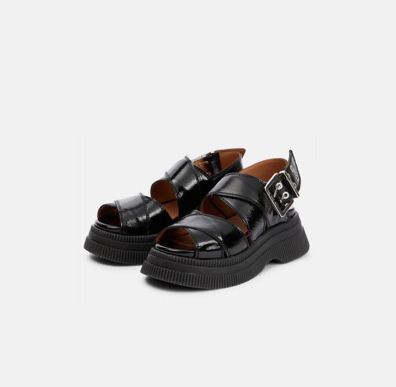 GANNI Patent Leather Platform Sandals - Black