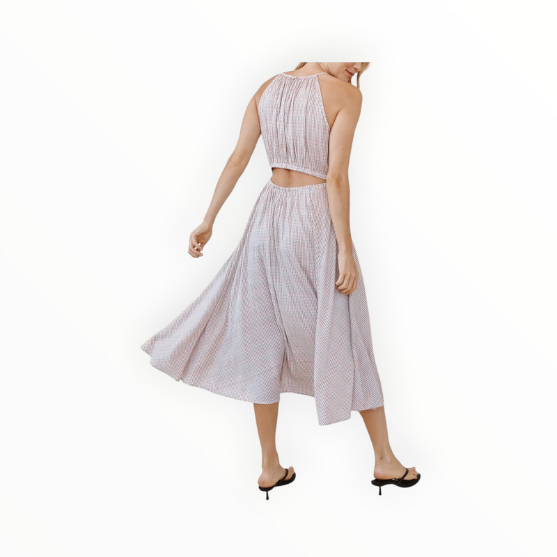 Bella Dahl Check Print Cutout Halter Midi Dress - Sunwashed Check