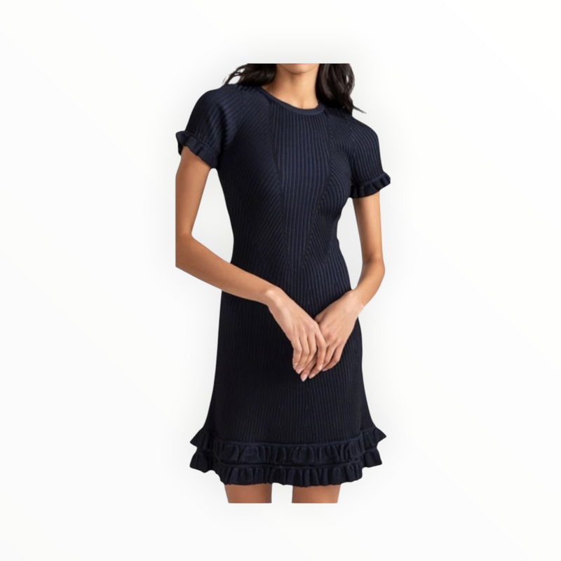 Shoshanna Kate Rib Knit Ruffle Dress - Navy