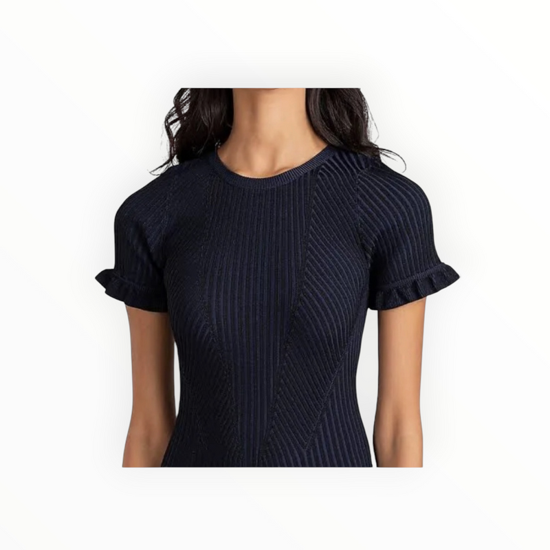 Shoshanna Kate Rib Knit Ruffle Dress - Navy