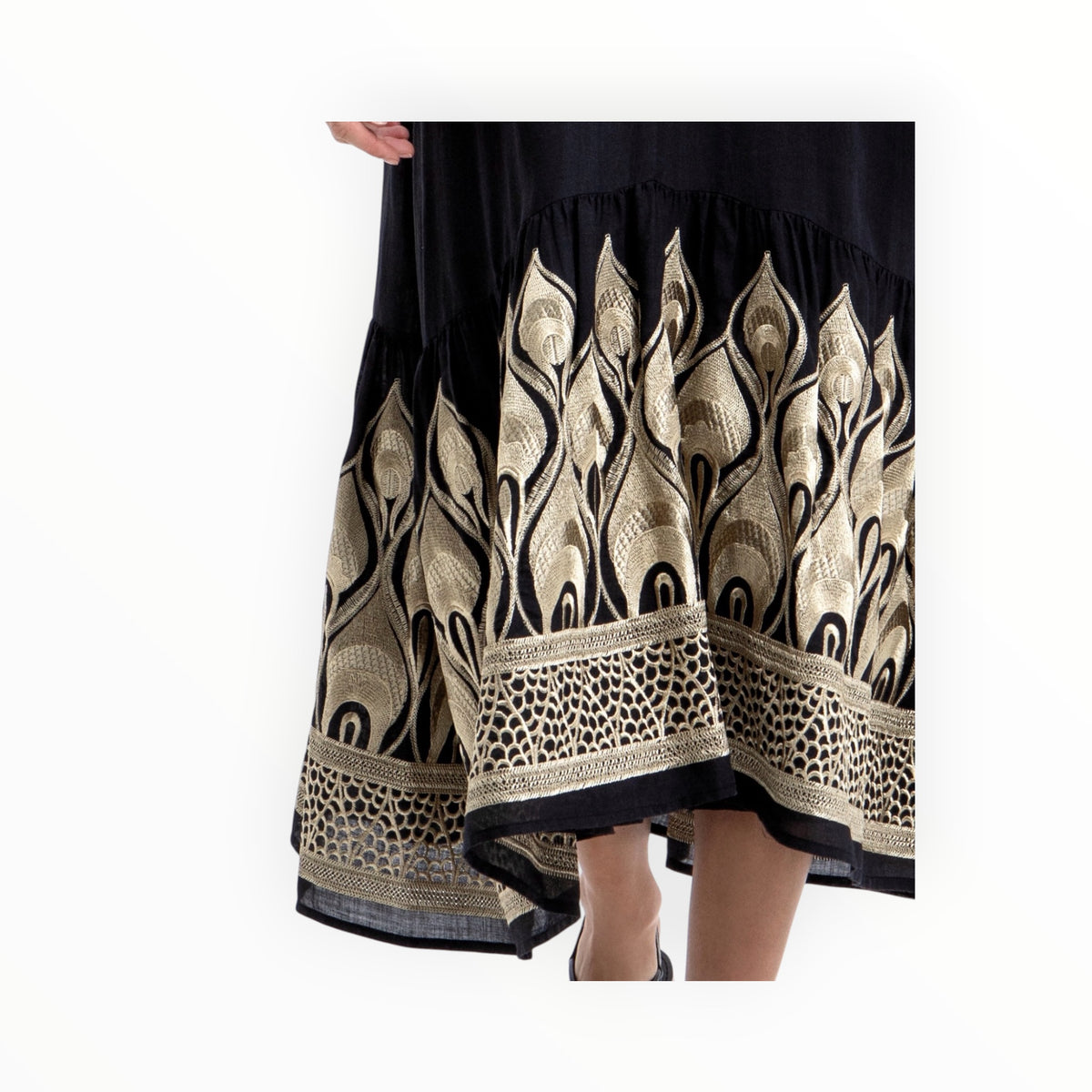 Greek Archaic Kori Ramie Embroidered Maxi Dress - Black/Gold