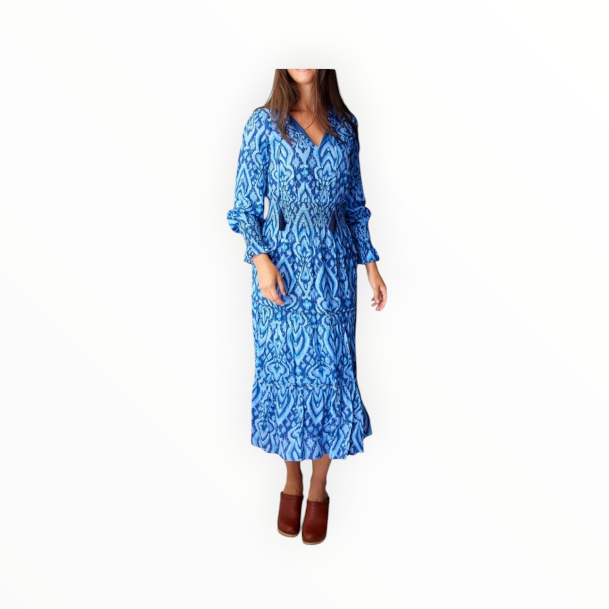 Sail To Sable Blue Ikat Smocked Waist Midi Dress with Tassels