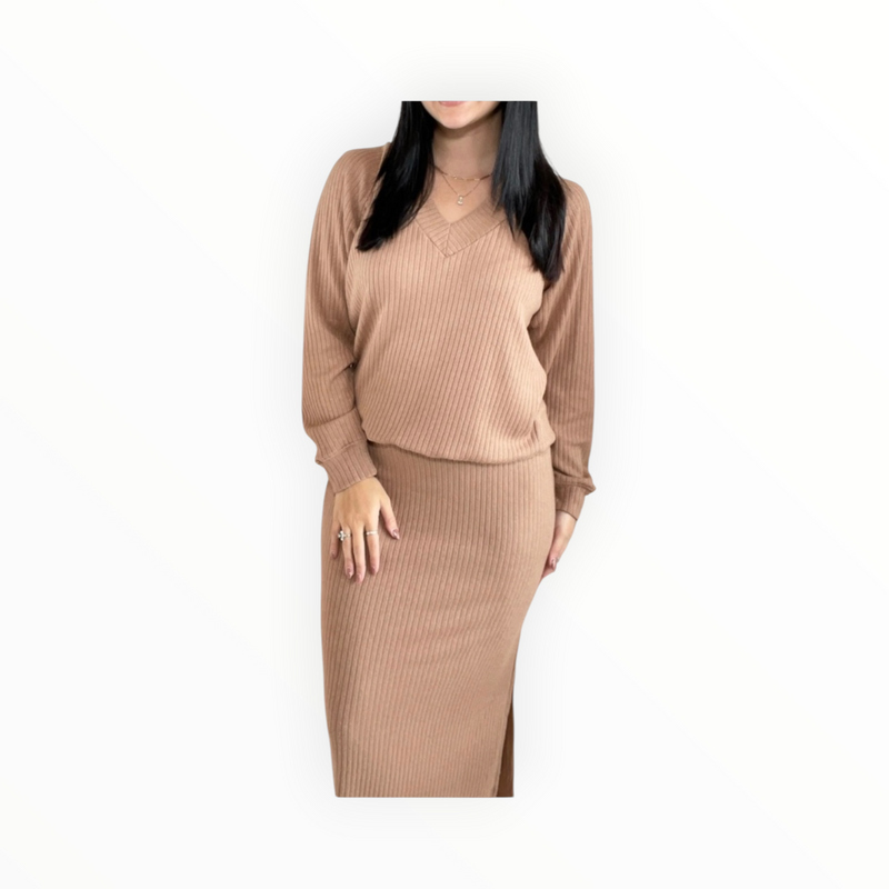 Stateside Rachel Chunky Rib Side Slit Skirt - Toffee