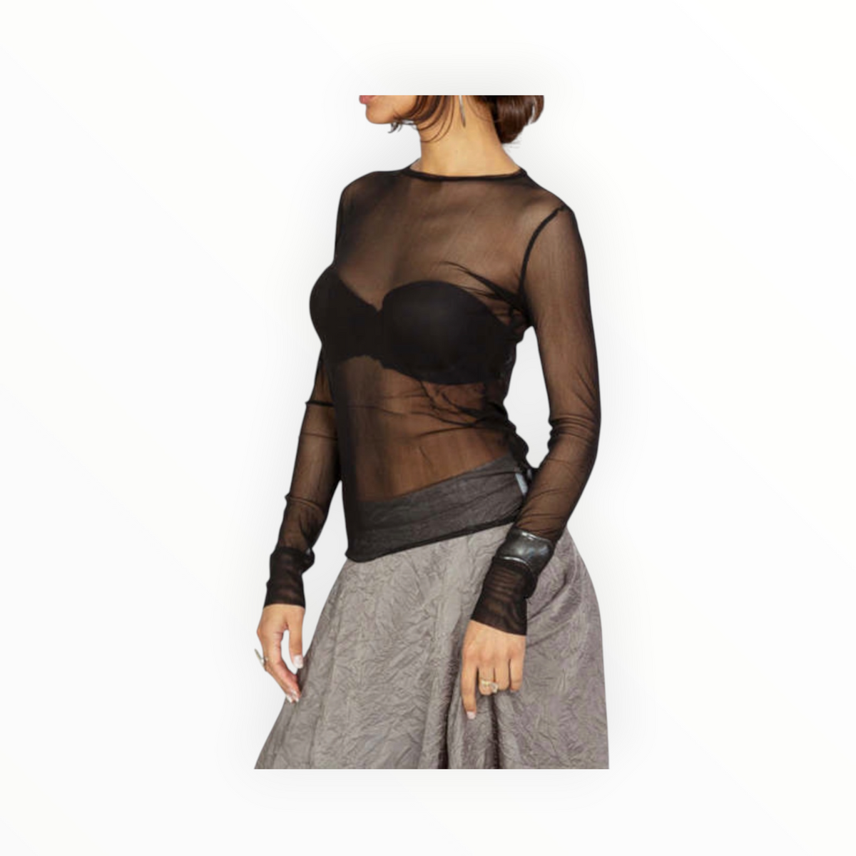 Brazeau Tricot Tulle Long Sleeve Tee - Coal Black