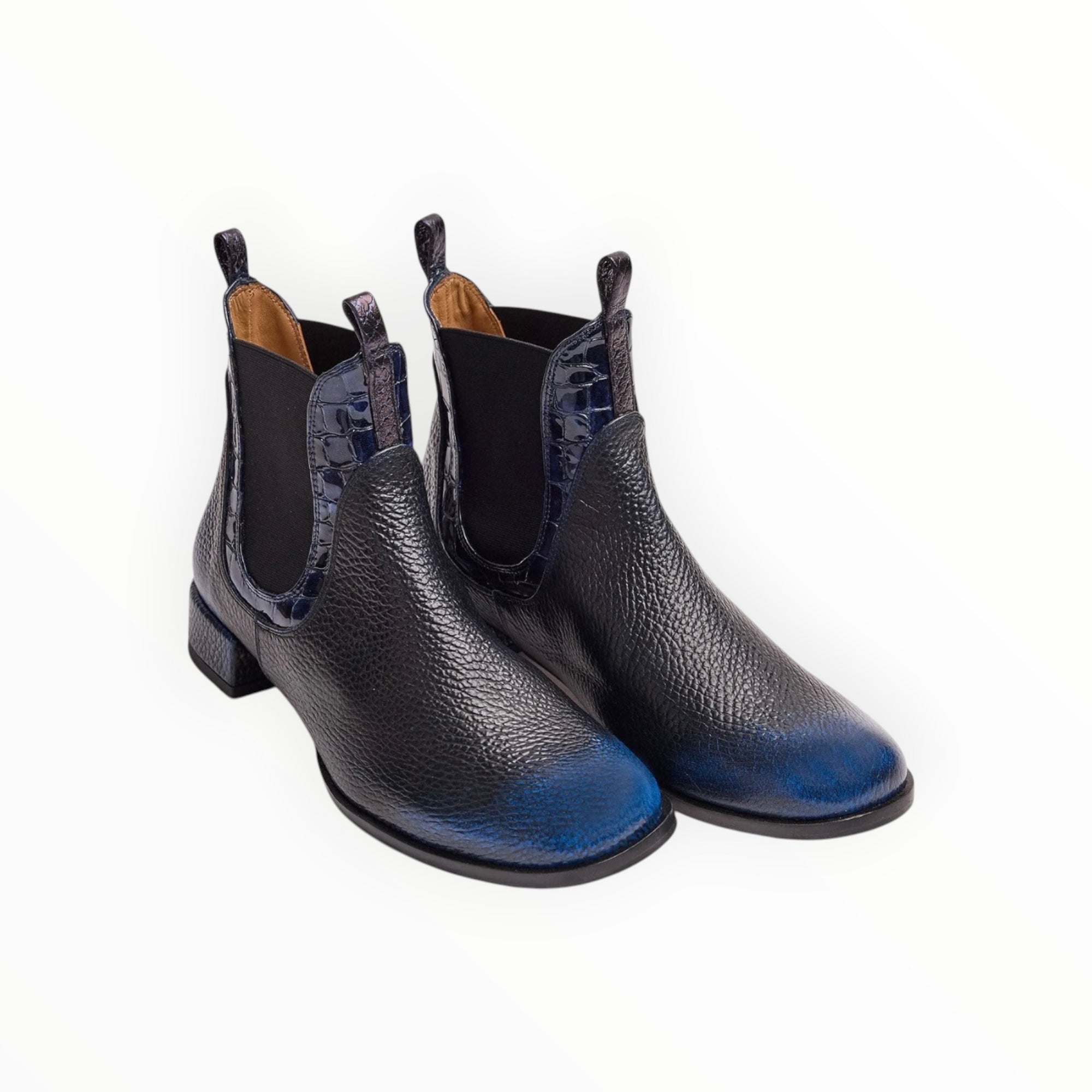 AUDLEY Mory Leather Ankle Bootie With Low Heel - Black/Blue