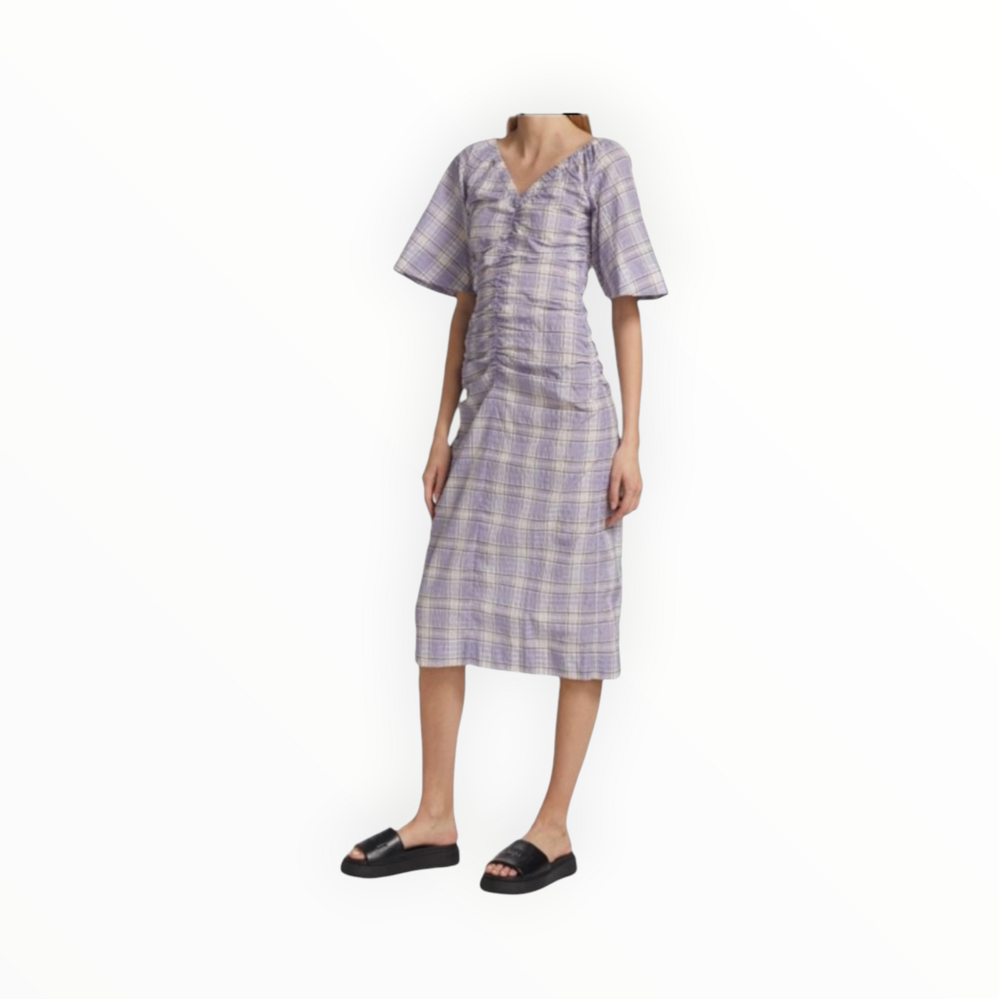 GANNI Seersucker Check V-Neck Midi-Dress - Persian Violet