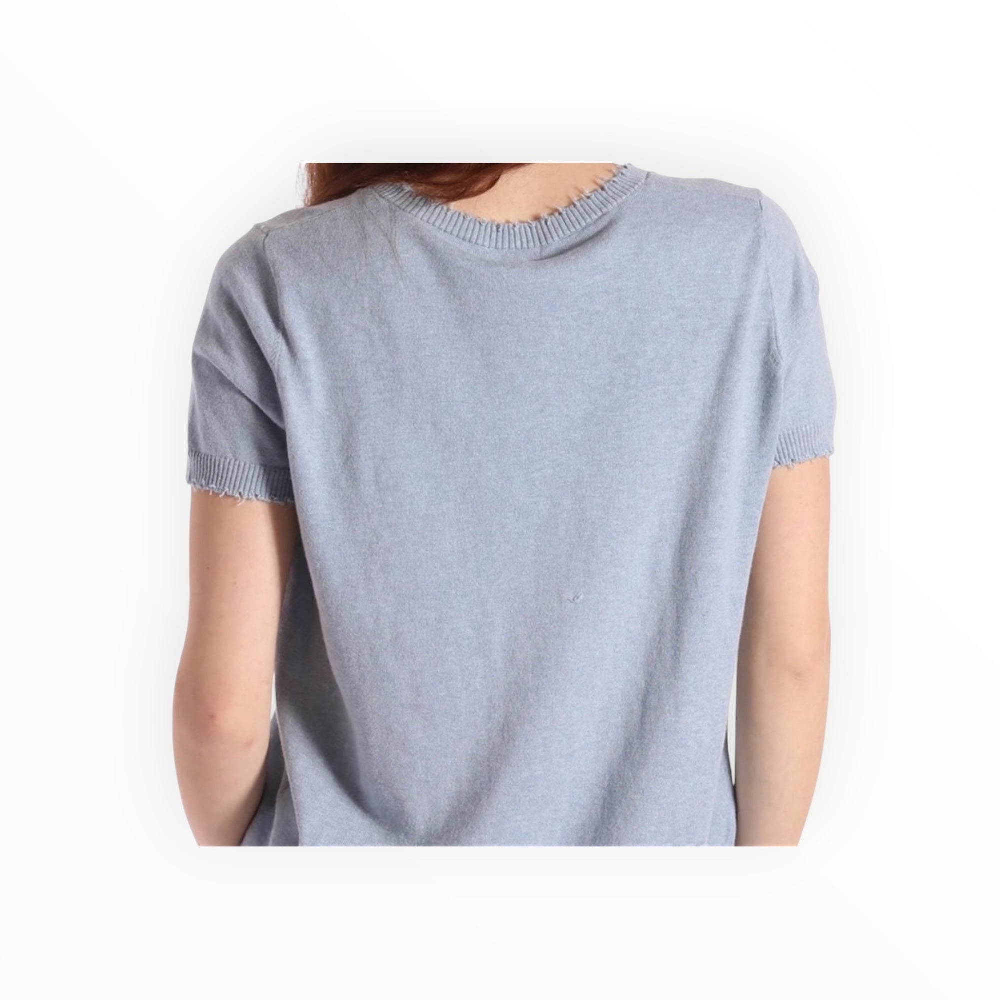 Minnie Rose Cotton Cashmere Frayed V-Neck Tee - Seashore