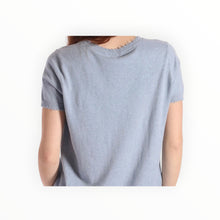 Minnie Rose Cotton Cashmere Frayed V-Neck Tee - Seashore