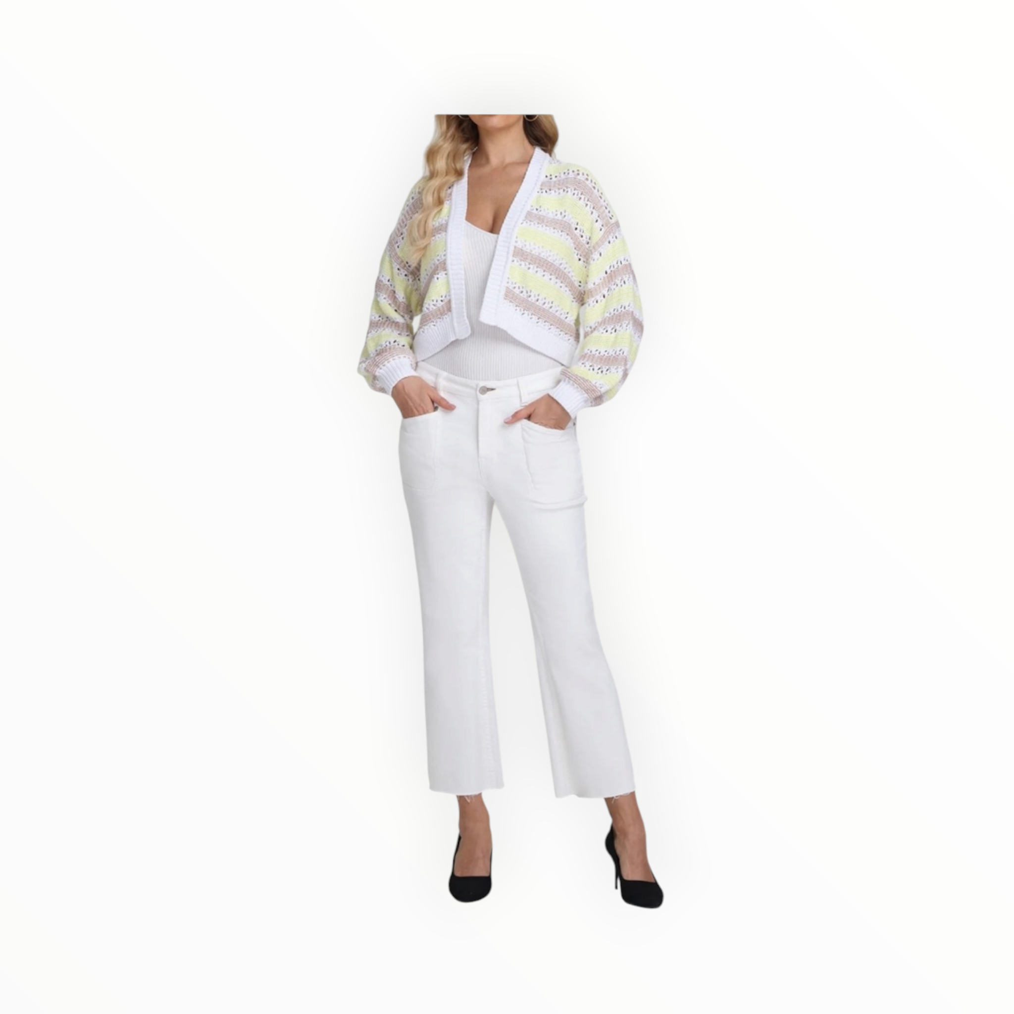 525 America Zoe Cotton Open Stitch Cardigan- Bleach White Multi