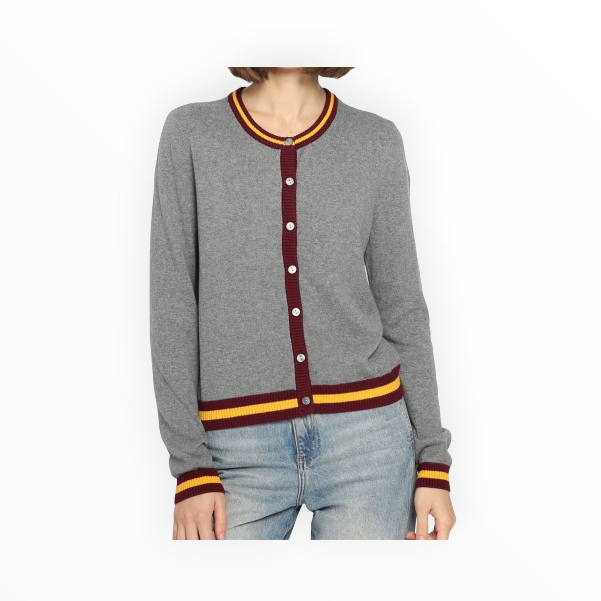 Minnie Rose Cotton Cashmere Cardigan With Stripe Detail - Grey Shadow