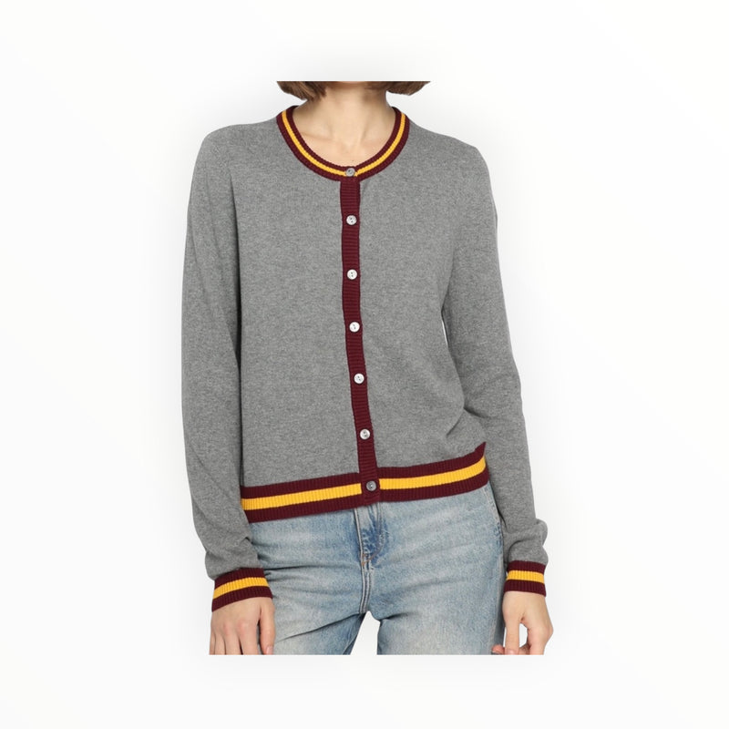 Minnie Rose Cotton Cashmere Cardigan With Stripe Detail - Grey Shadow