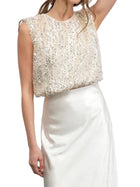 Greylin Liberty Padded Shoulder Bubble Hem Sequin Top - Pearl