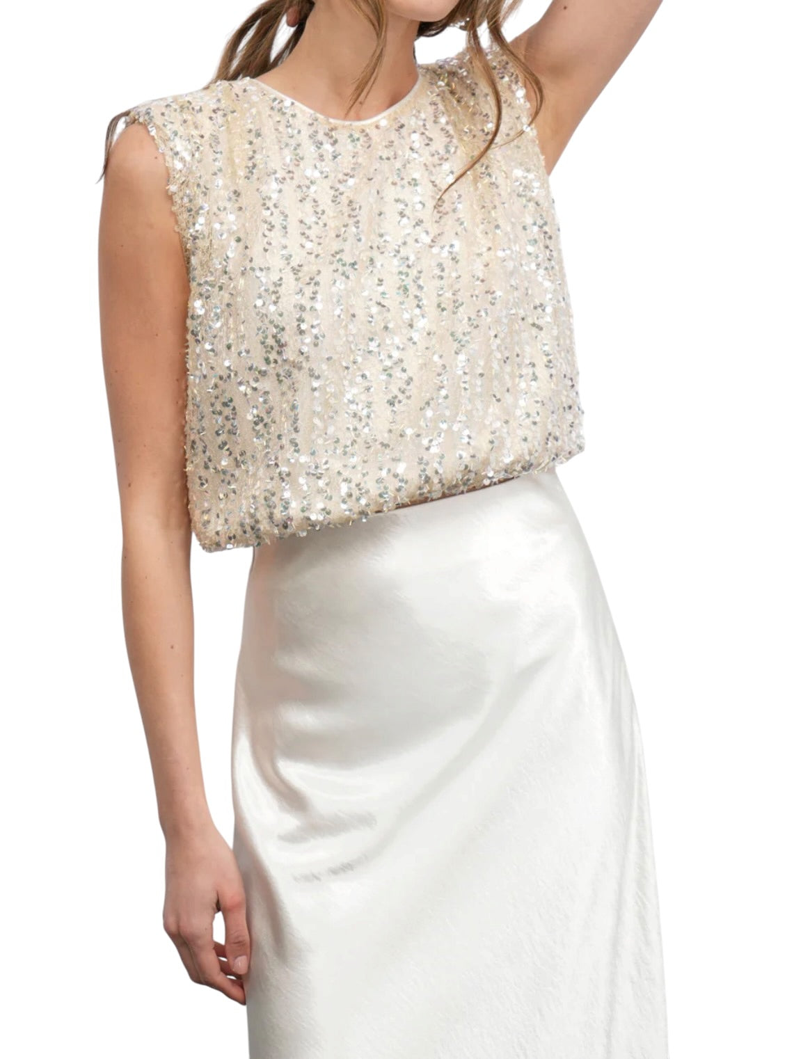 Greylin Liberty Padded Shoulder Bubble Hem Sequin Top - Pearl