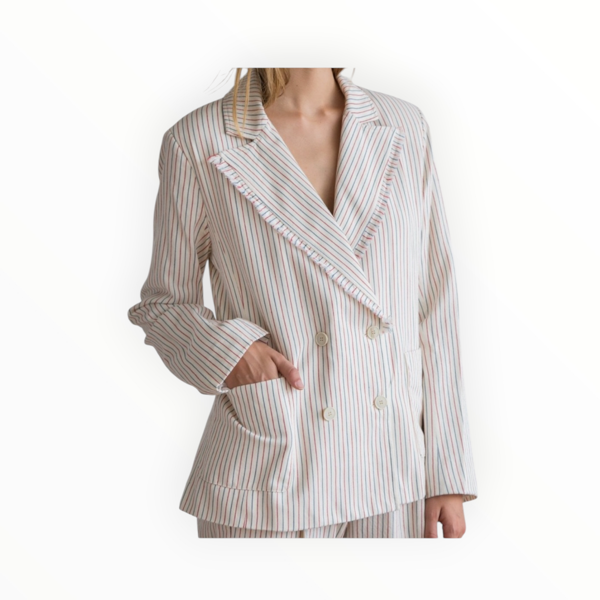 Raquel Allegra Cotton Tickling Stripe Double Breasted Blazer