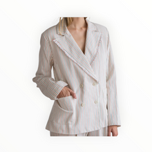 Raquel Allegra Cotton Tickling Stripe Double Breasted Blazer