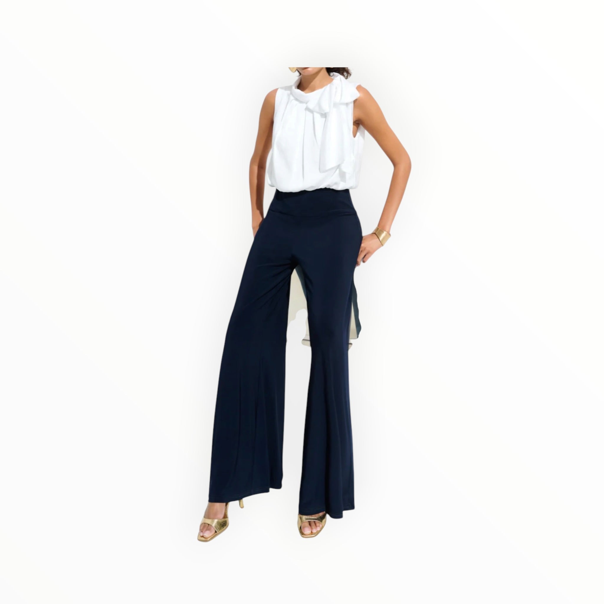 Joseph Ribkoff Wide Leg Jumpsuit With Neck Bow Tie - Midnight Blue/Vanilla