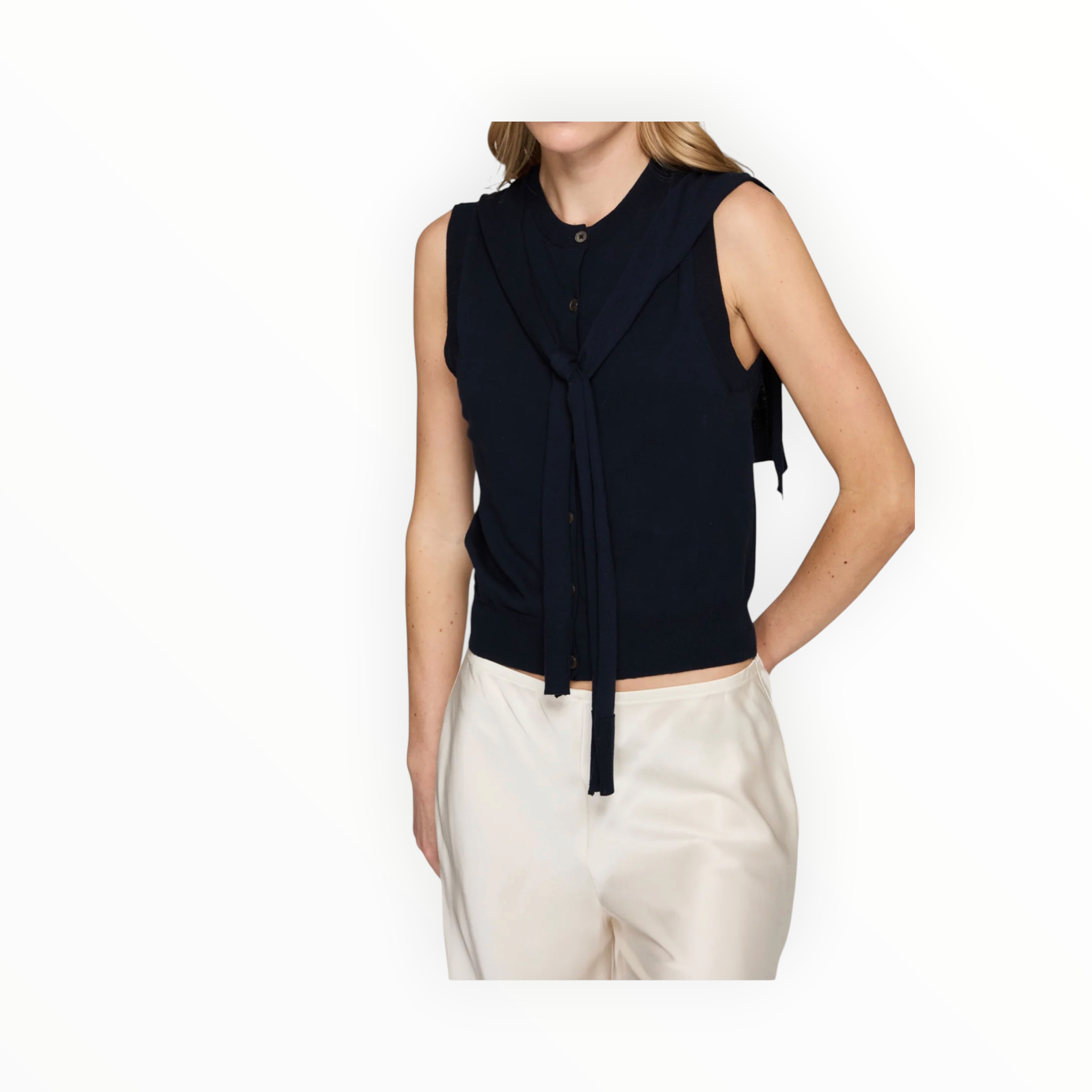 Autumn Cashmere Sleeveless Button Front Vest W/ Tie Sleeves - Navy