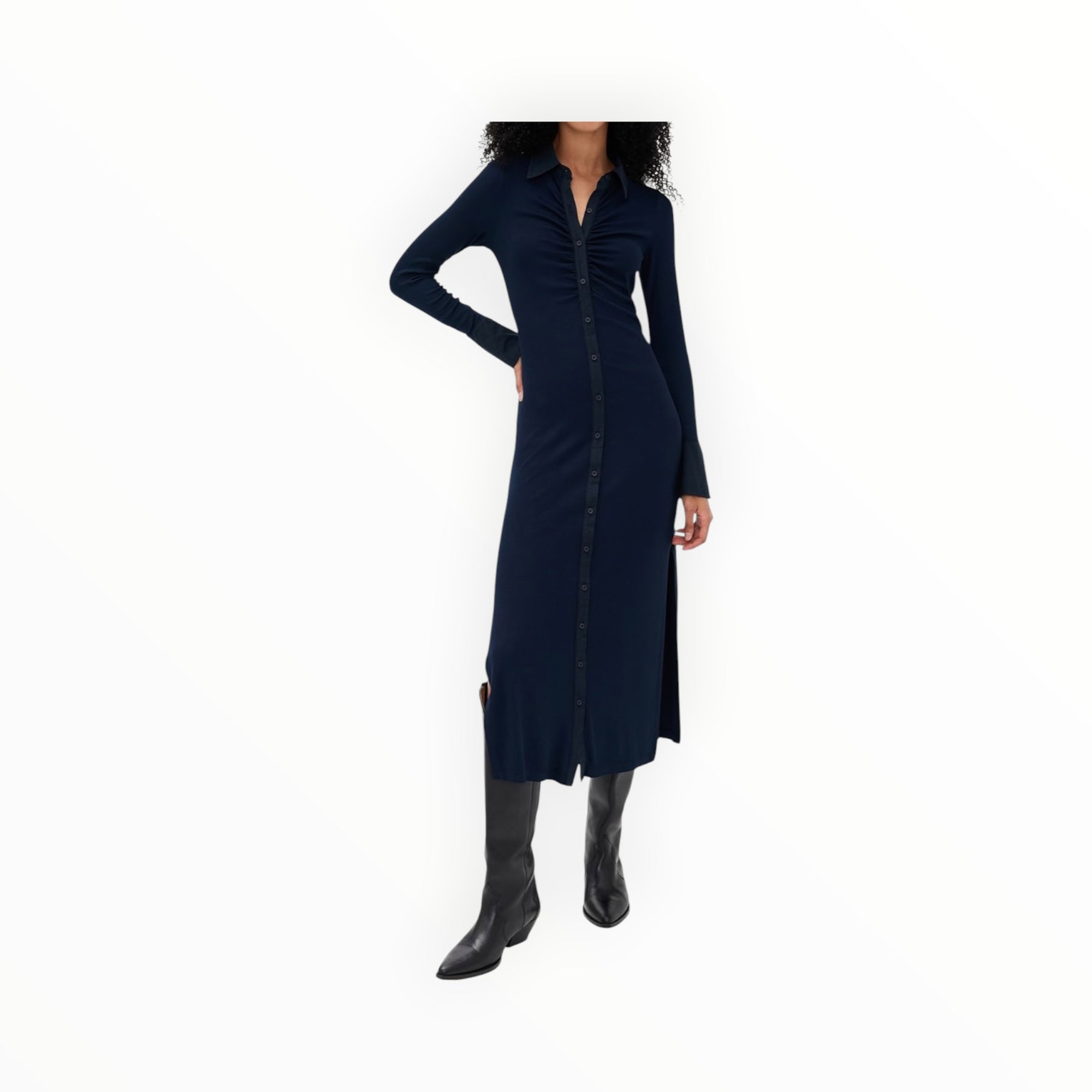 Stateside Fine Rib Ruched Buttoned Dress - Navy