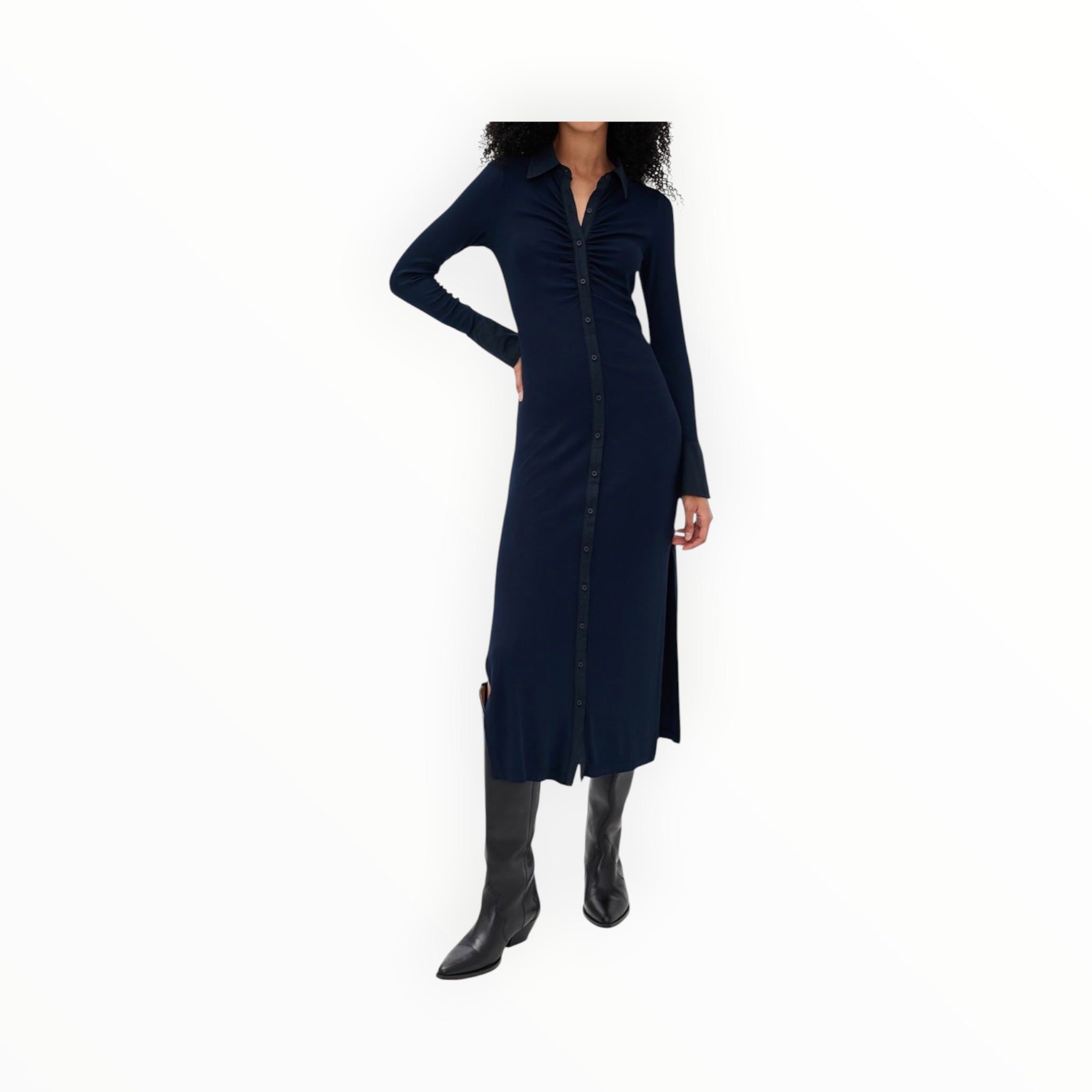 Stateside Fine Rib Ruched Buttoned Dress - Navy