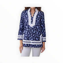 Sail To Sable Autumn Leaf Print Long Sleeve Classic Tunic Top - Hydrangea/Navy