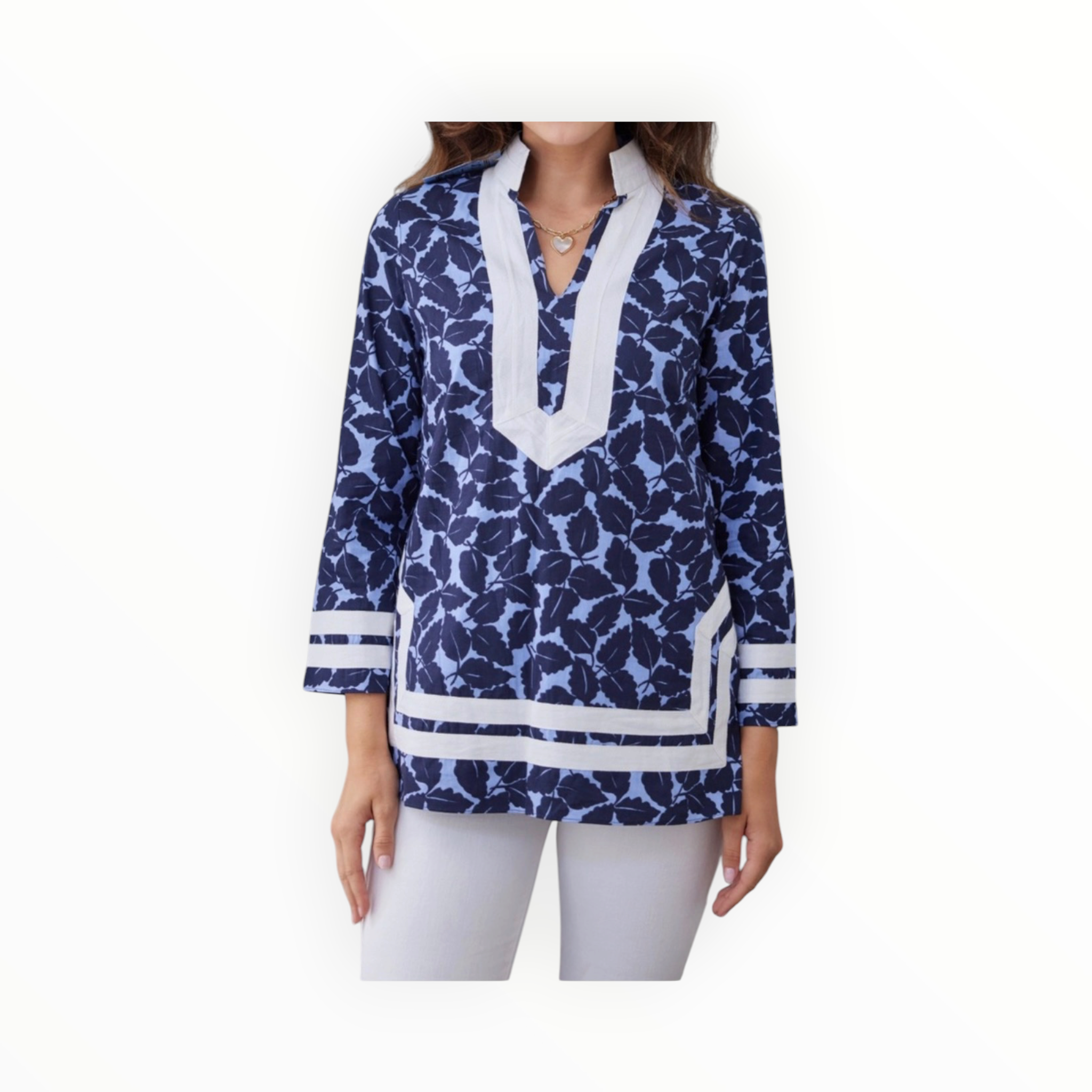 Sail To Sable Autumn Leaf Print Long Sleeve Classic Tunic Top - Hydrangea/Navy